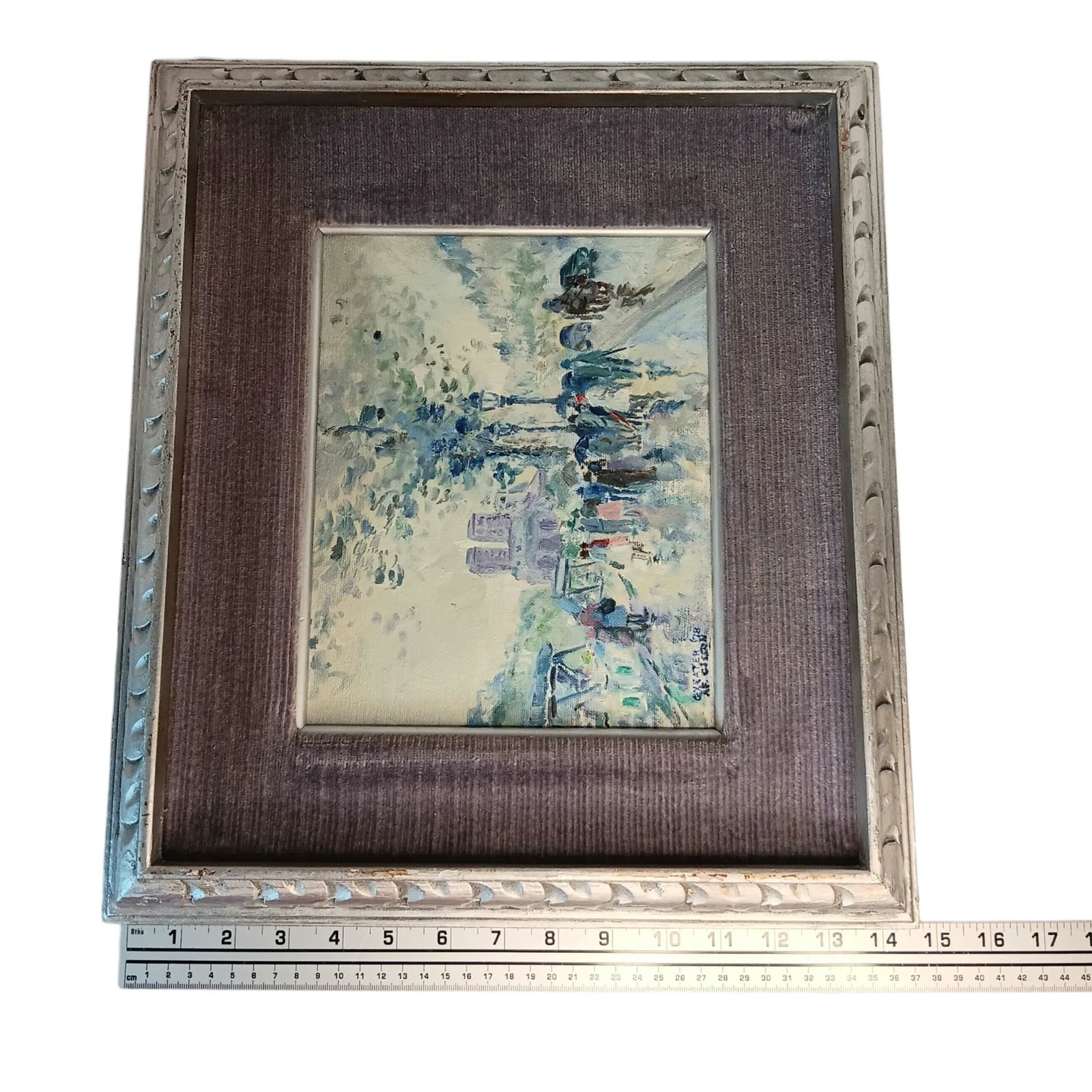 VTG Street Scene #1 Impressonist Painting Purple Velvet Matt Silver Frame 1978 - 7