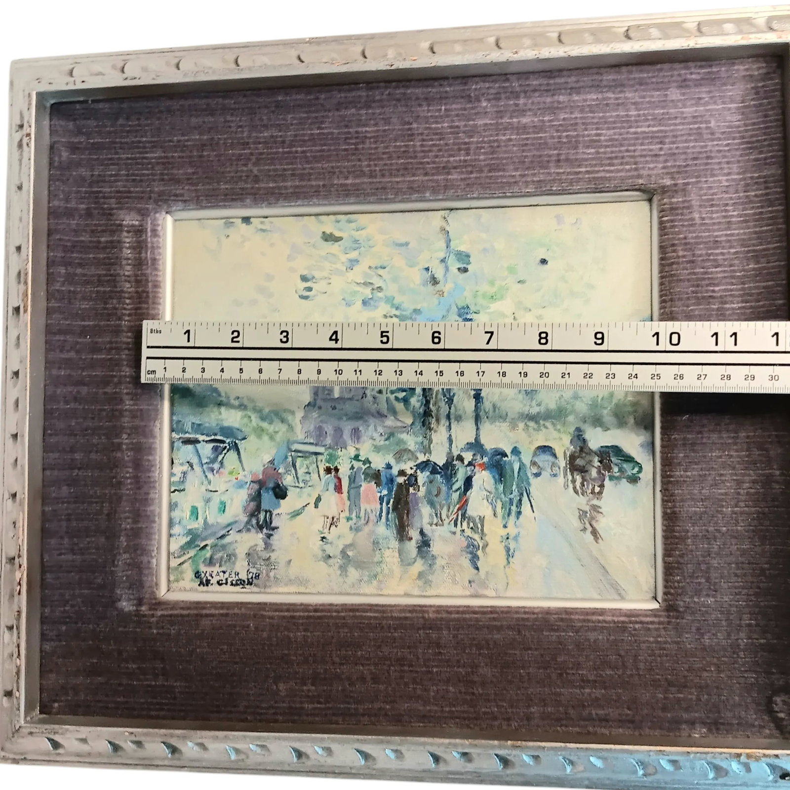 VTG Street Scene #1 Impressonist Painting Purple Velvet Matt Silver Frame 1978 - 8
