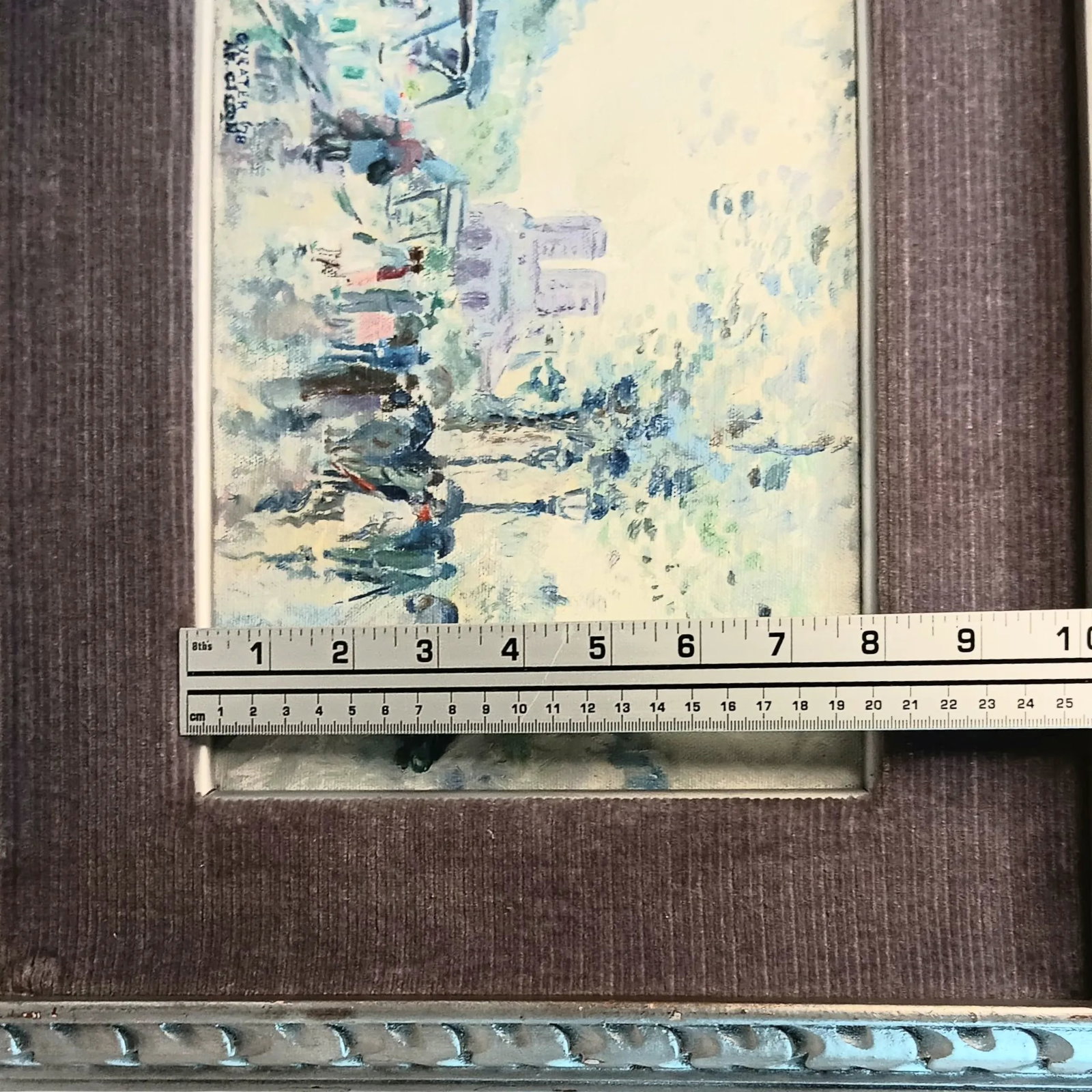 VTG Street Scene #1 Impressonist Painting Purple Velvet Matt Silver Frame 1978 - 9