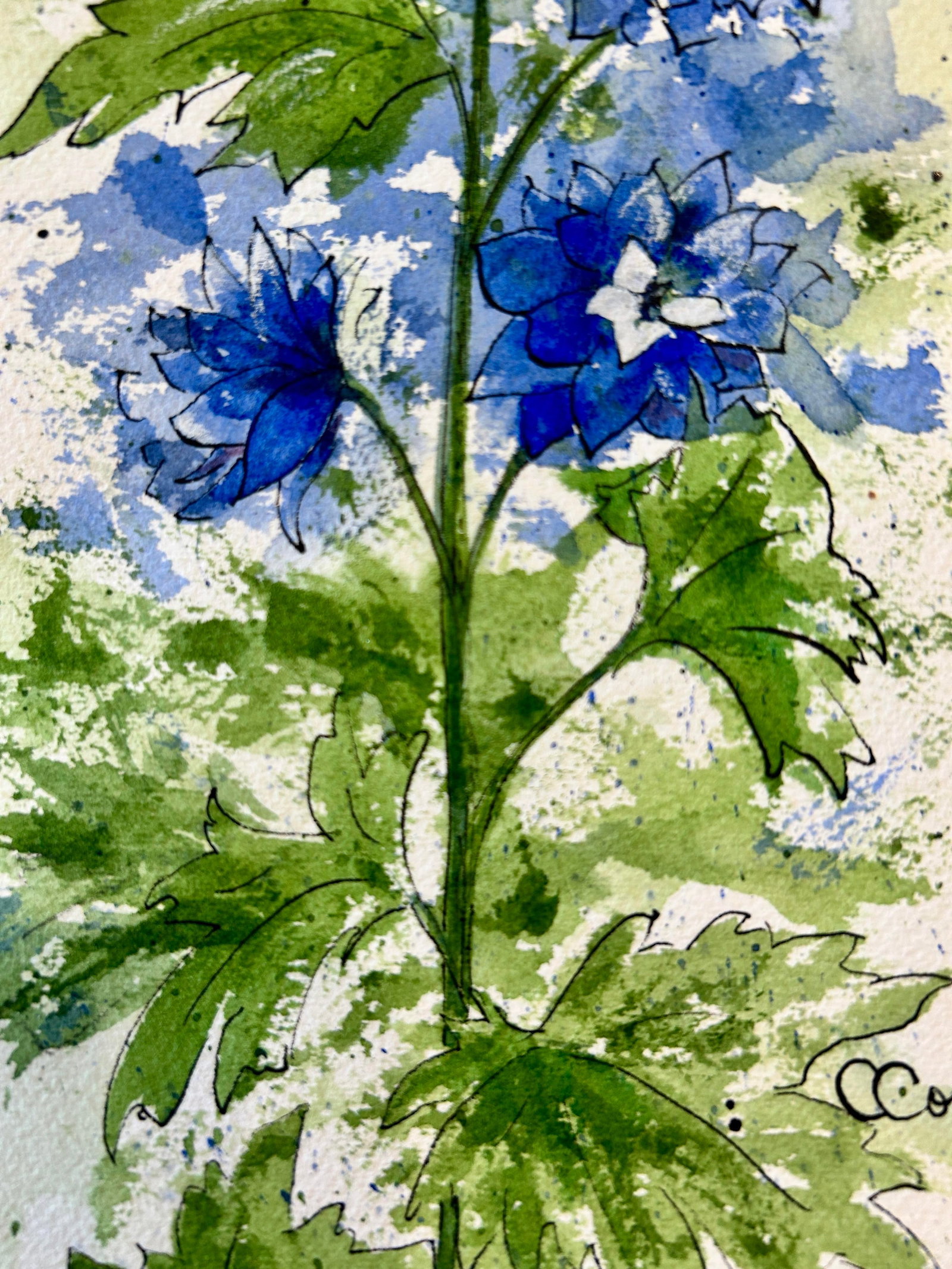 Original "Blue Delphinium" Watercolor Tall Painting - 10