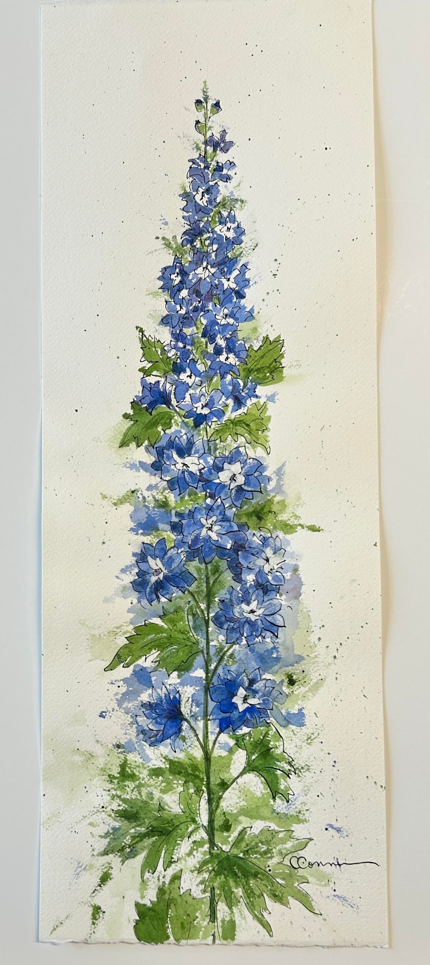 Original "Blue Delphinium" Watercolor Tall Painting - 3