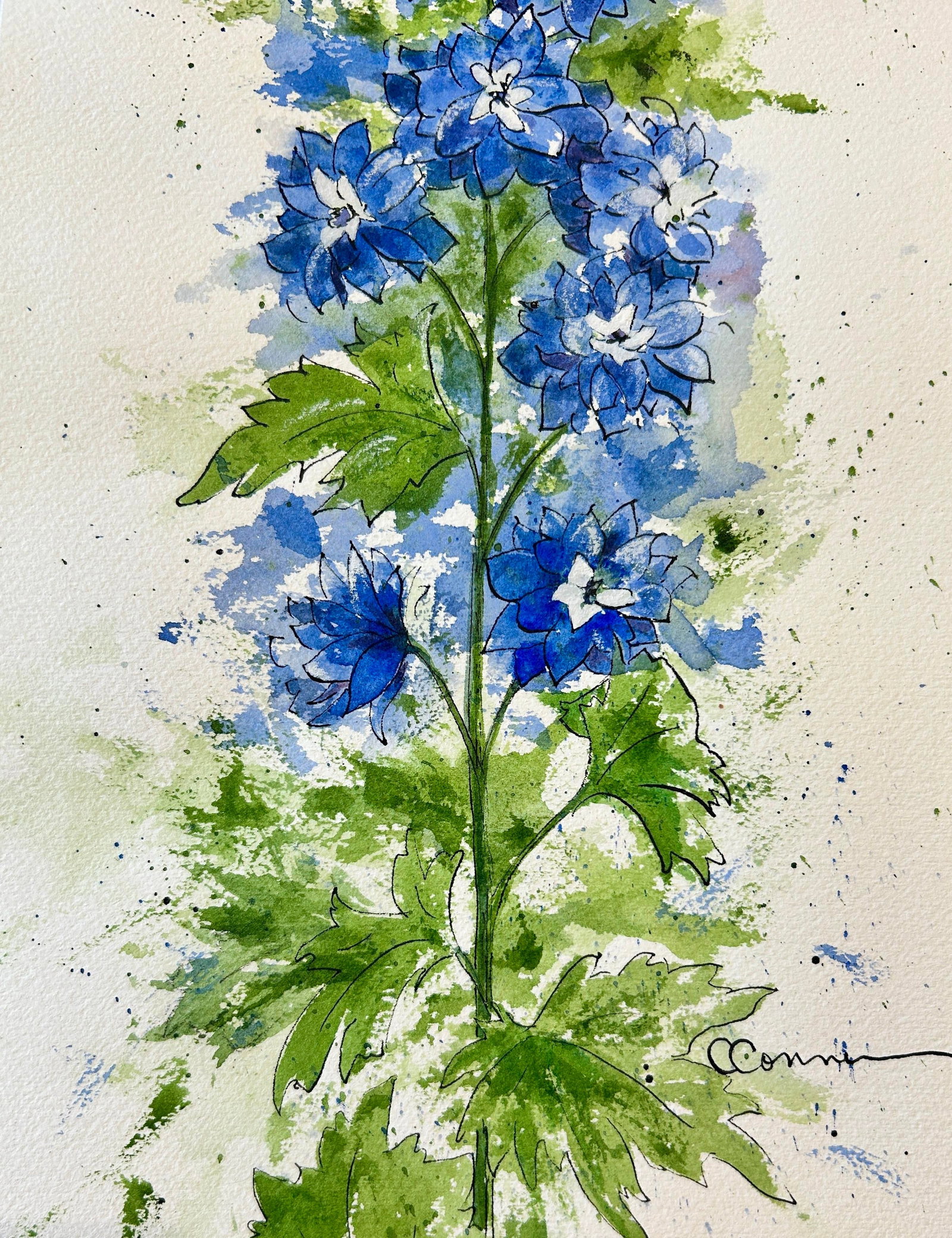 Original "Blue Delphinium" Watercolor Tall Painting - 4