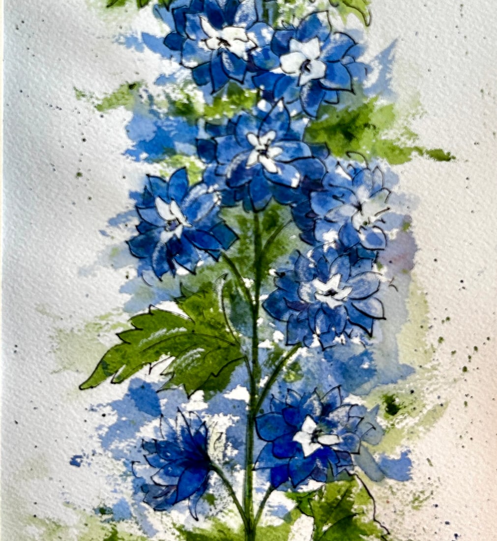 Original "Blue Delphinium" Watercolor Tall Painting - 5