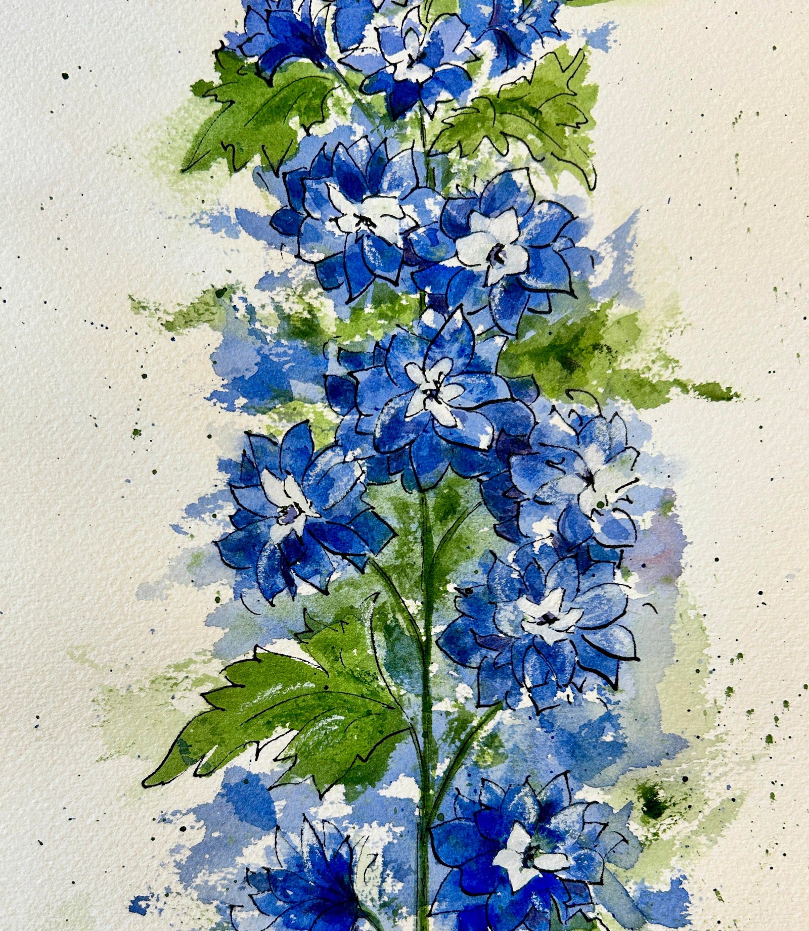 Original "Blue Delphinium" Watercolor Tall Painting - 6