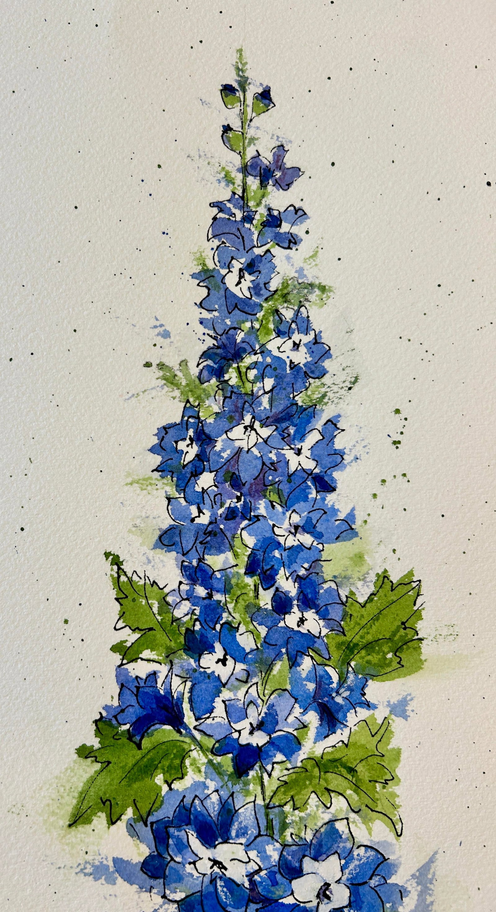 Original "Blue Delphinium" Watercolor Tall Painting - 7