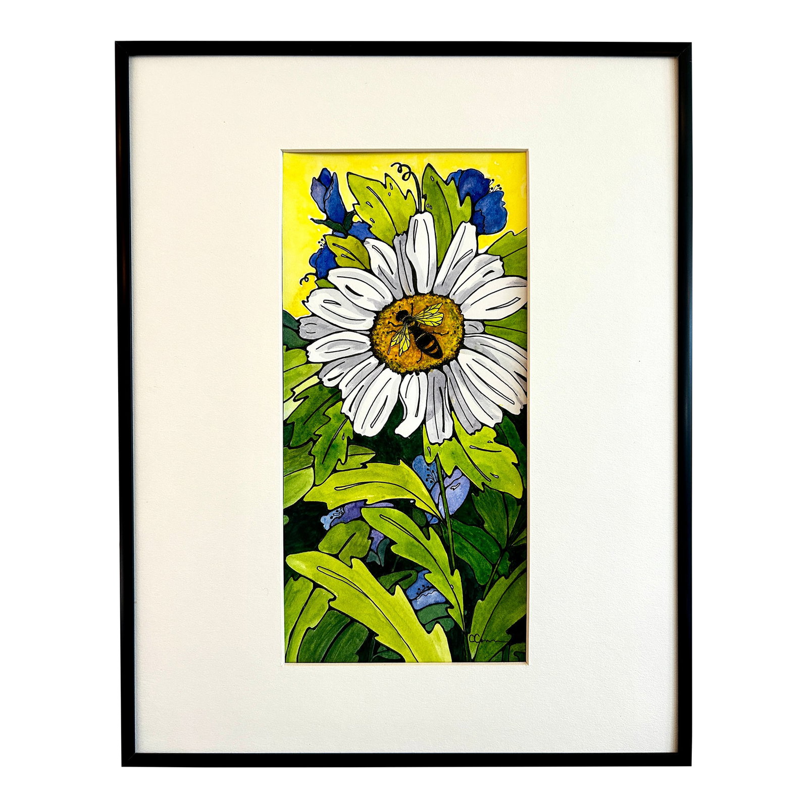 Original Watercolor Small Painting "White Daisy" Framed (1 of 5)