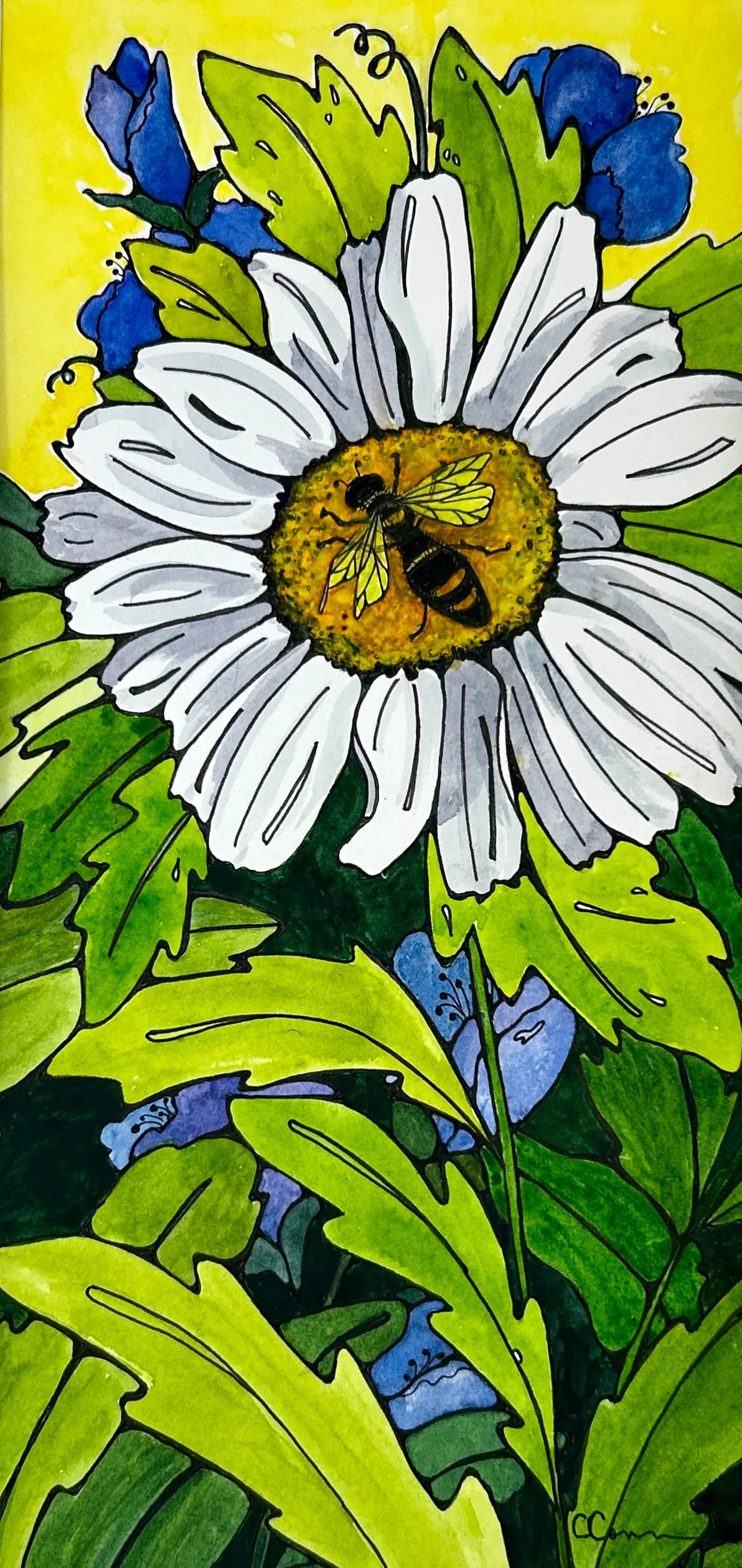 Original Watercolor Small Painting "White Daisy" Framed - 2