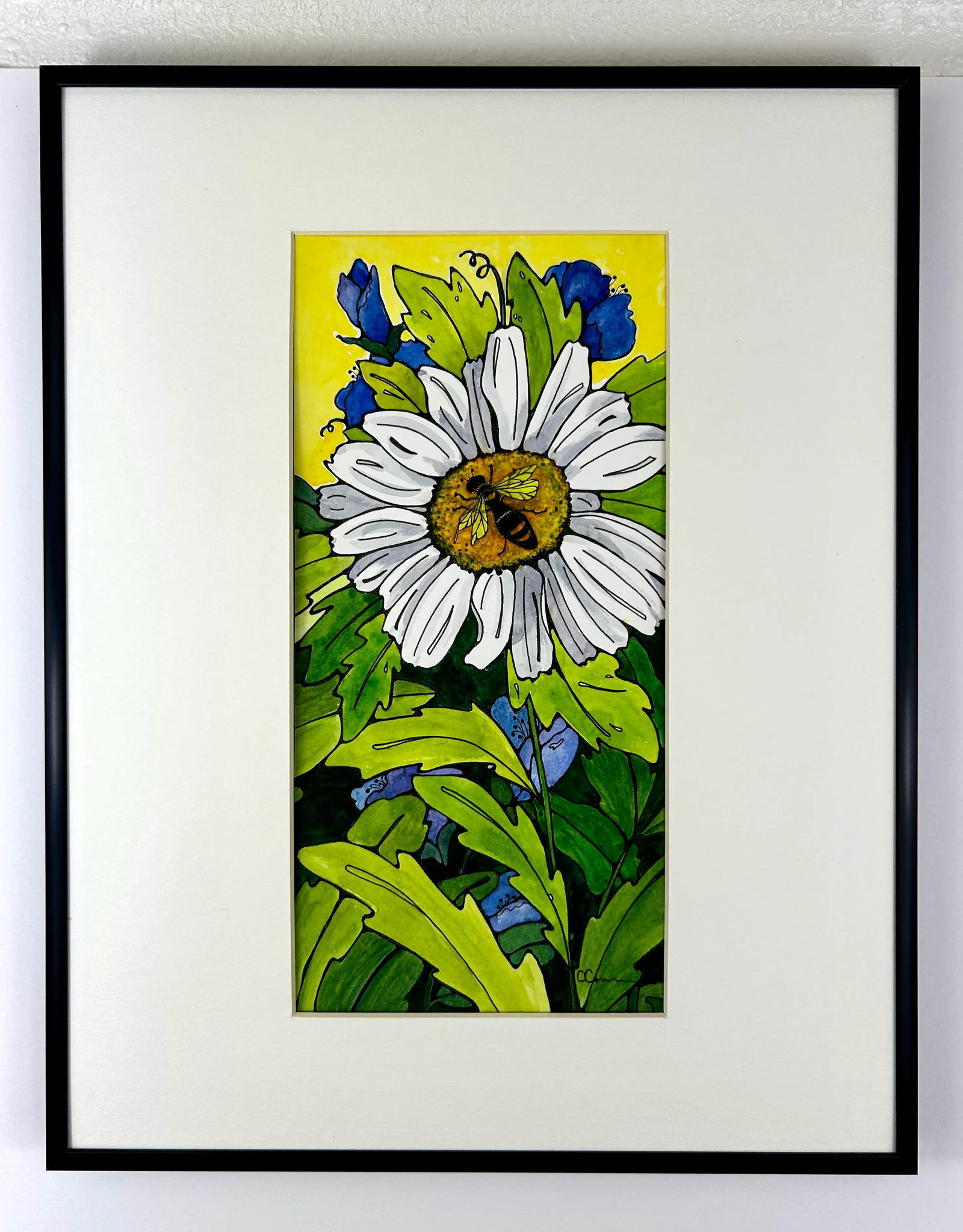Original Watercolor Small Painting "White Daisy" Framed - 5