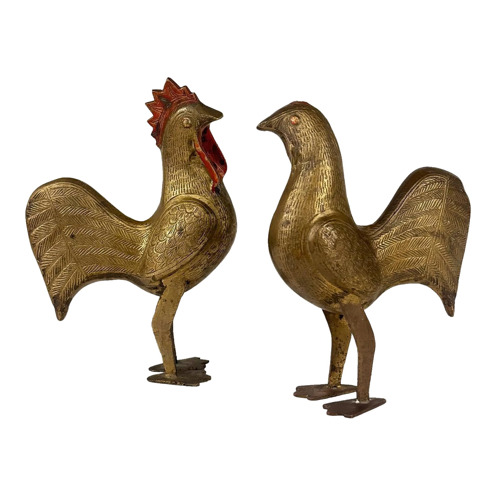 Vintage Traditional Brass Rooster Chicken Sculpture - A Pair: A Pair of Traditional Brass Rooster Chicken Sculptures, c.1970's - Pairs Nicely with Many Traditional & Eclectic Interiors - Solid Brass with a Wonderful Patina Finish - 9" Tall - Perfect for Staging 