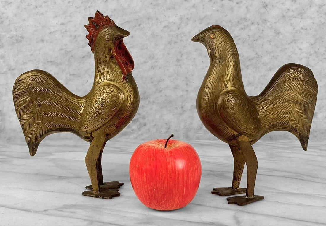 Vintage Traditional Brass Rooster Chicken Sculpture - A Pair - 2