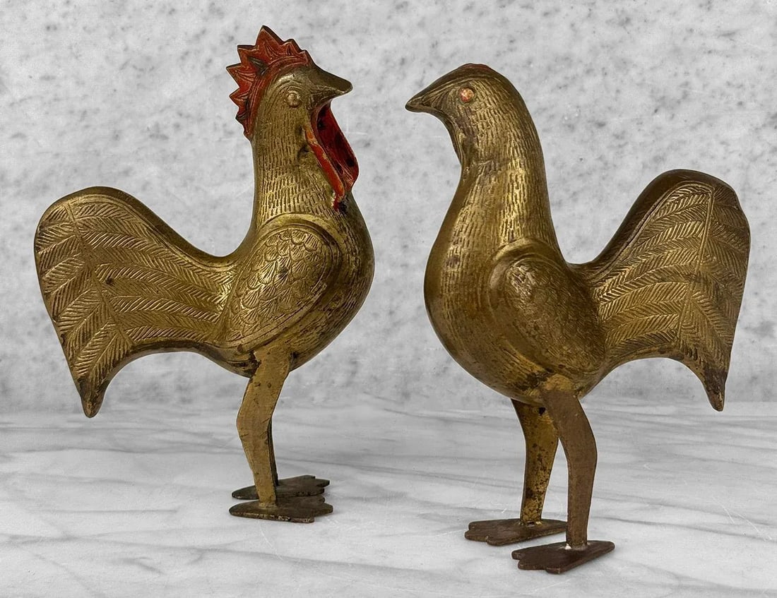 Vintage Traditional Brass Rooster Chicken Sculpture - A Pair - 3