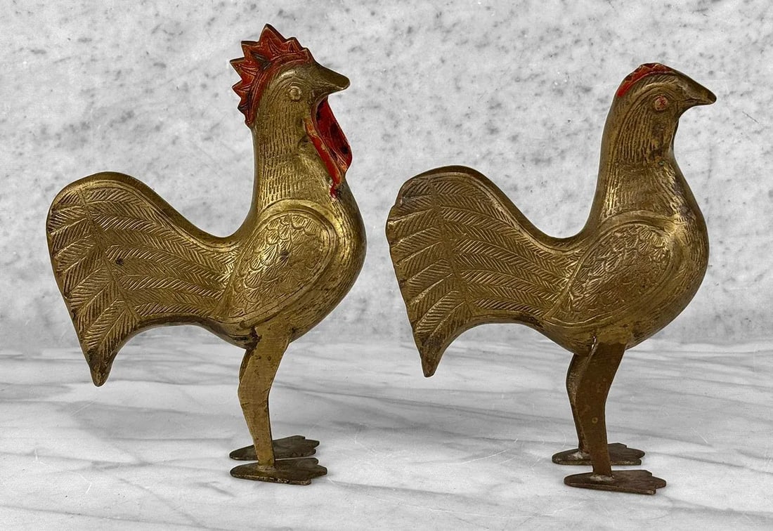 Vintage Traditional Brass Rooster Chicken Sculpture - A Pair - 4