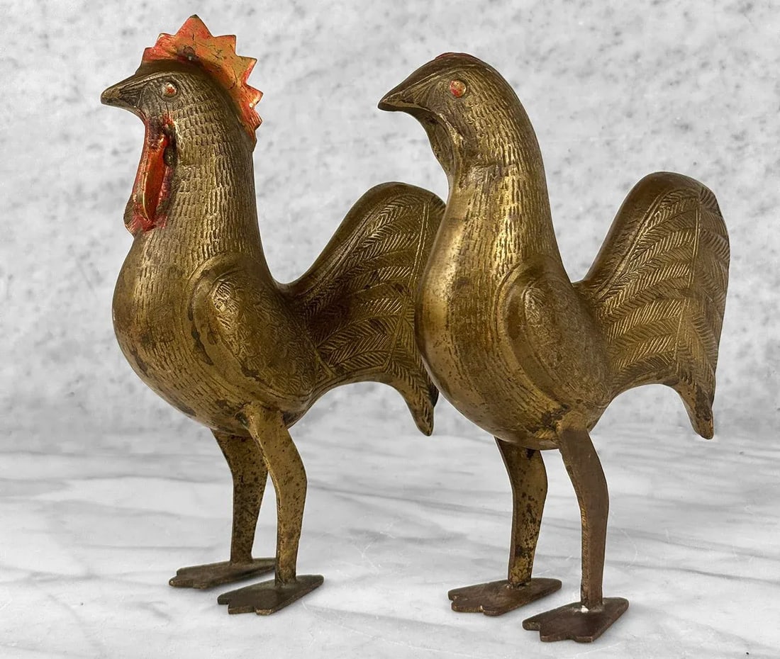 Vintage Traditional Brass Rooster Chicken Sculpture - A Pair - 5
