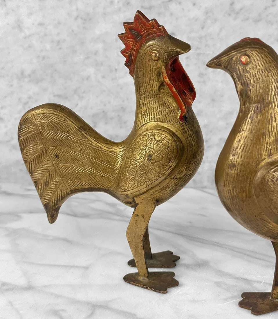 Vintage Traditional Brass Rooster Chicken Sculpture - A Pair - 6