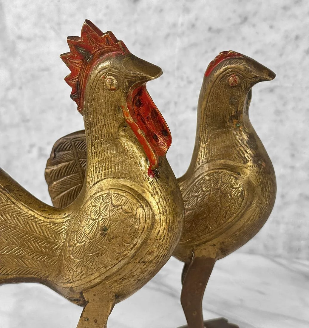 Vintage Traditional Brass Rooster Chicken Sculpture - A Pair - 7