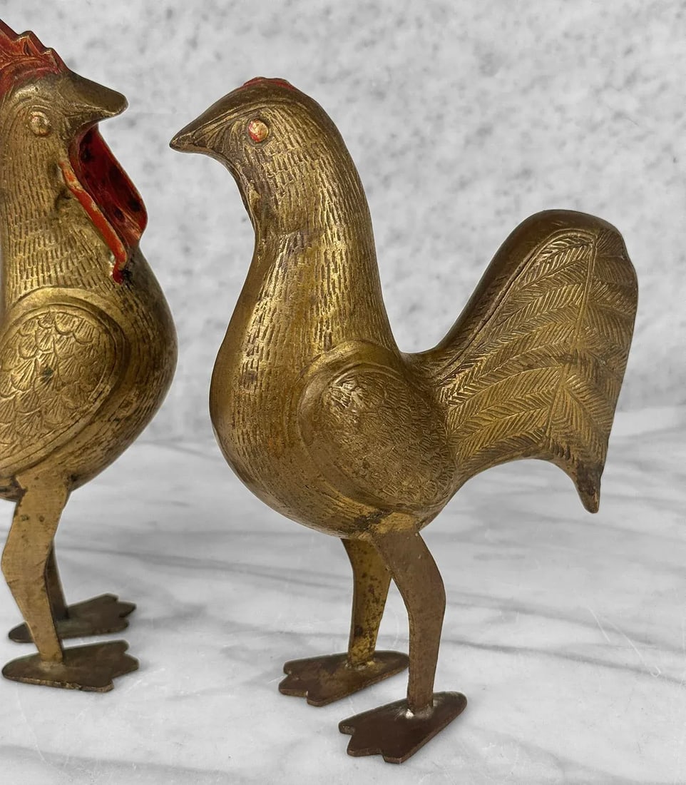 Vintage Traditional Brass Rooster Chicken Sculpture - A Pair - 8