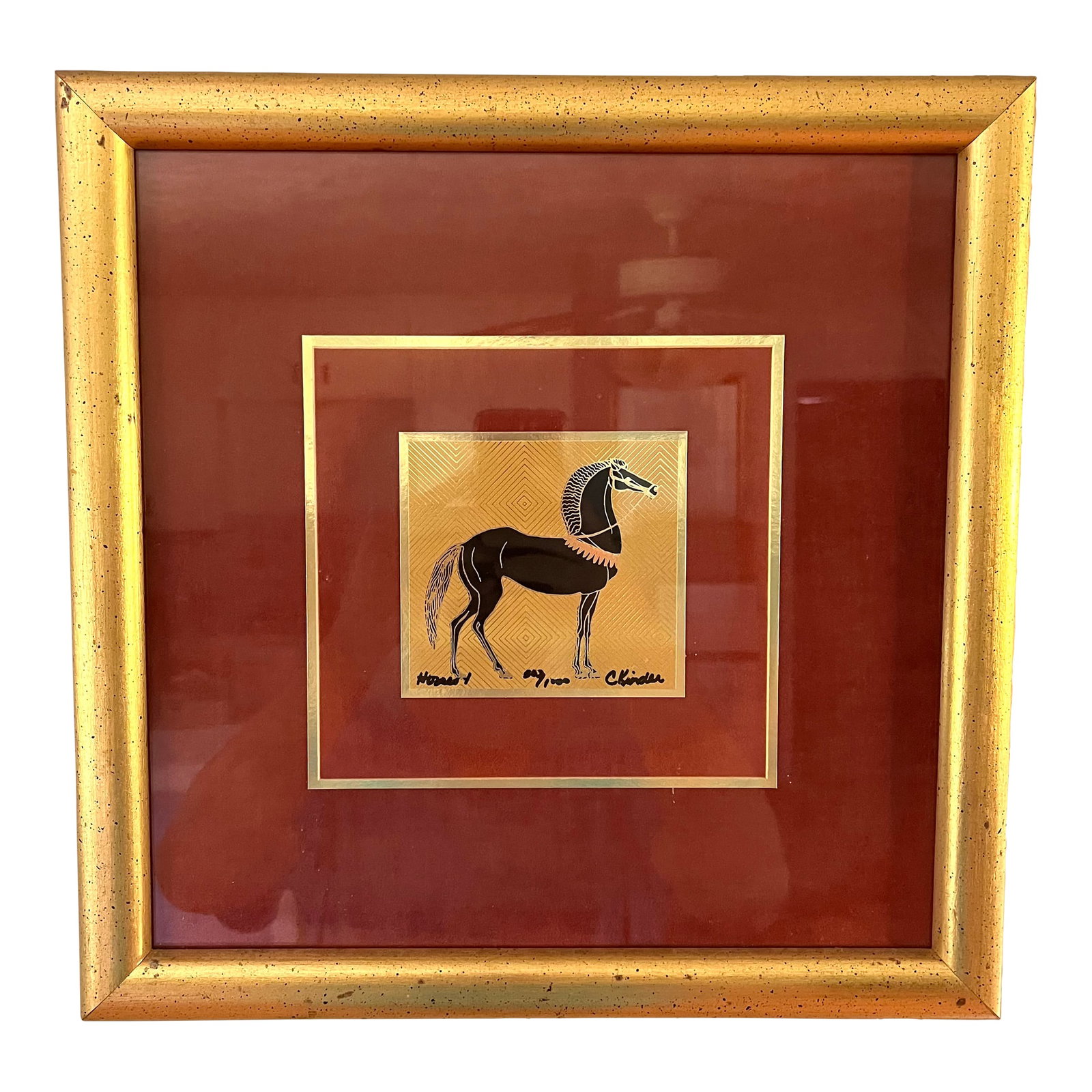 Vintage 1970's Horse Print With Gold Leafing: Vintage horse print with gold leafing back ground. Signed and numbered by artist kinder Harris. Uniquely framed with gold. Condition: Alterations: Original Condition Unaltered Imperfections: Some