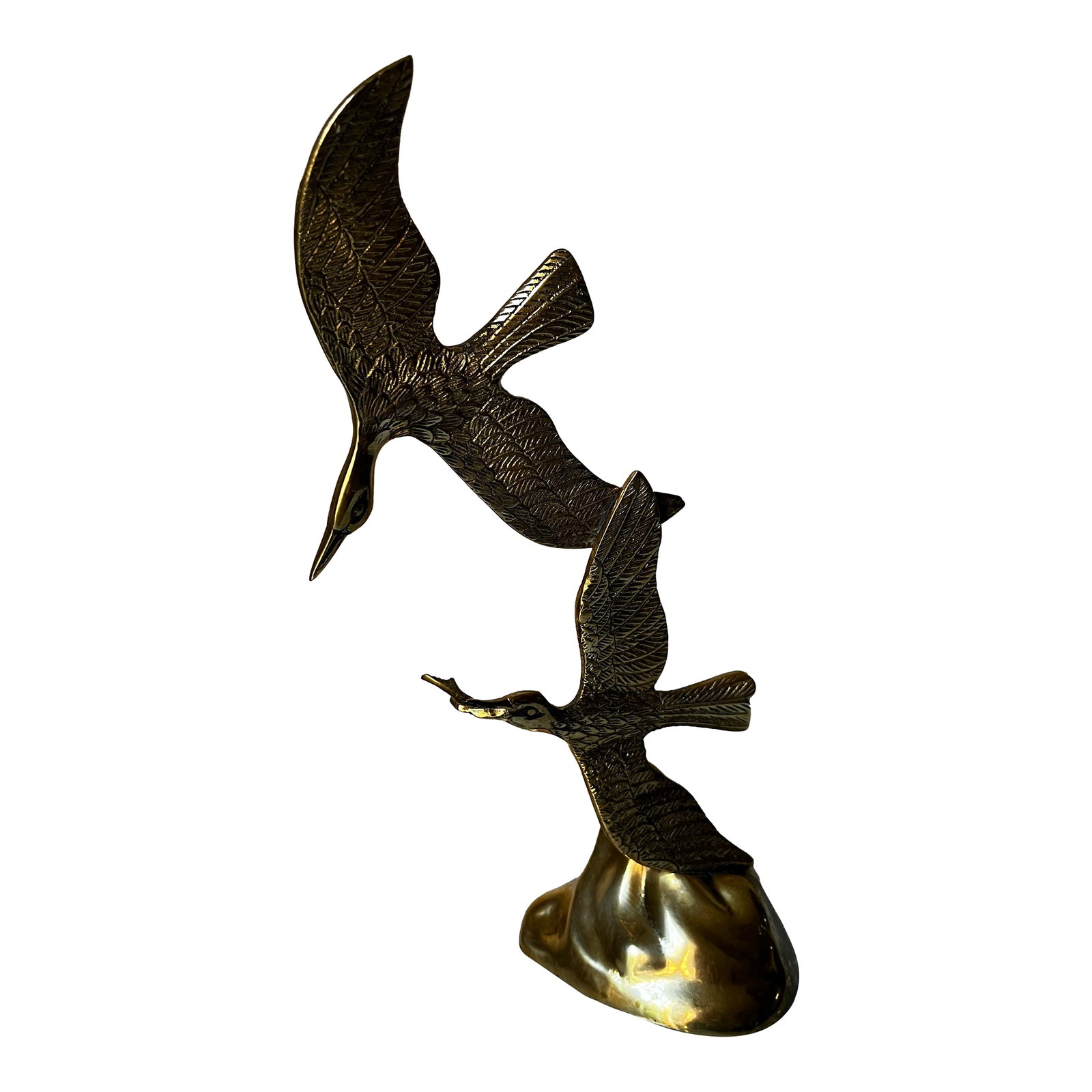 Mid Century Modern Brass Birds Seagull Sculpture: Vintage Brass Flying Bird Sculpture. Condition: Alterations: Original Condition Unaltered Imperfections: Some Imperfections Condition Notes: Great condition Materials & Techniques: Brass Details: