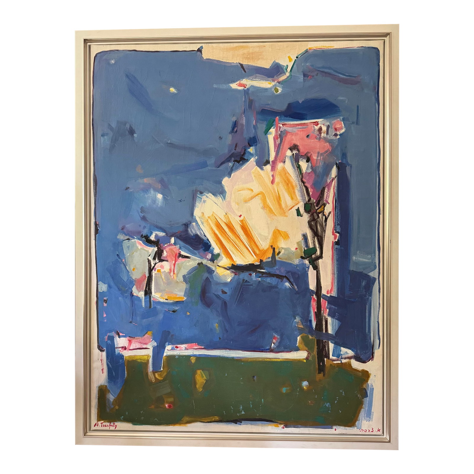 Blue Horizon by Ari Tsarfaty, Contemporary Abstract Expressionist Oil Painting on Canvas: Born in Bulgaria in 1935, Arie Tsarfaty emigrated to Israel still a child shortly after WWII. He attended the Bezalel Academy in Jerusalem specializing in illustration. Since the late 1980's he has