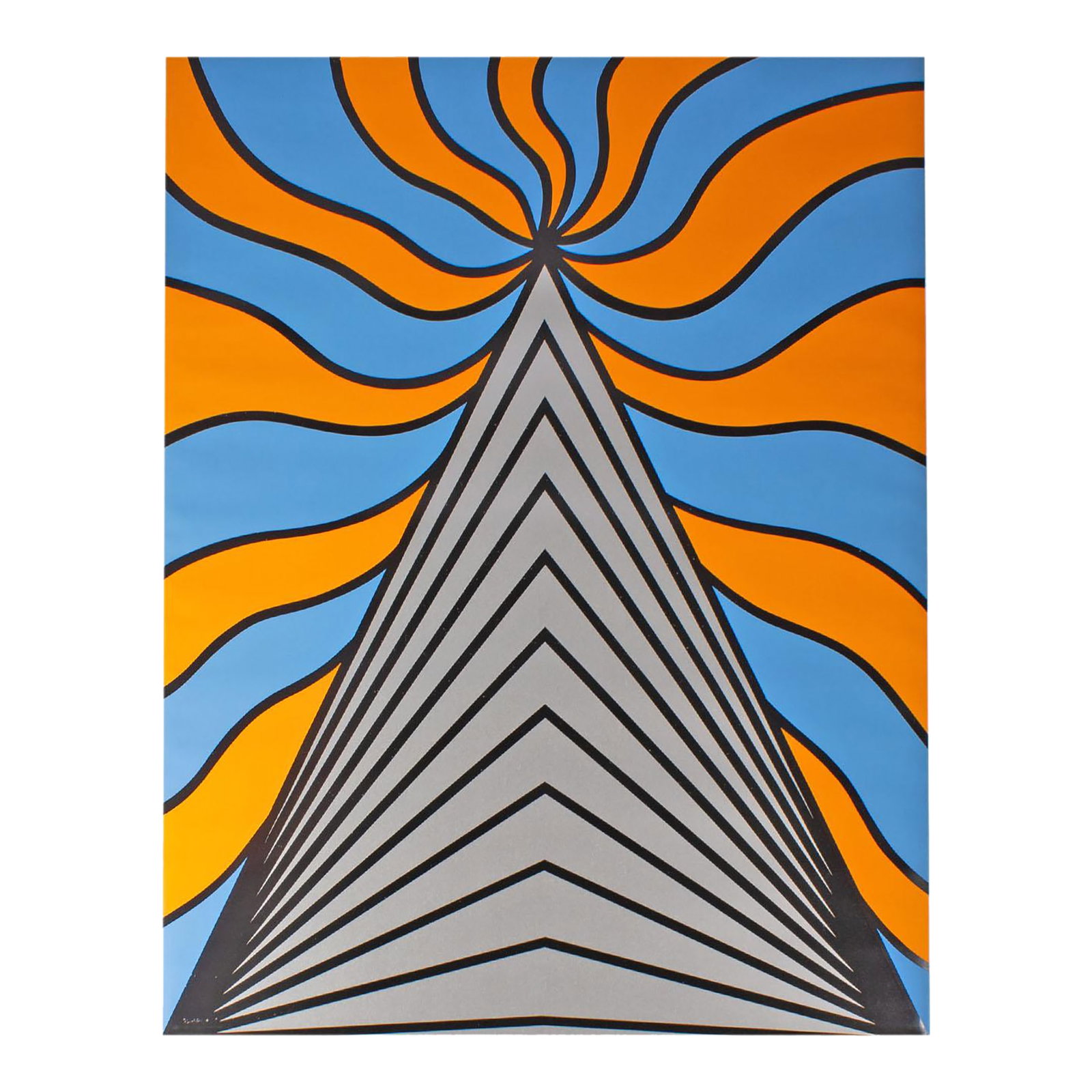 1967 Serigraph Print by Nicholas Krushenick: A 1967 serigraph print by the American artist Nicholas Krushenick (1929-1999). Printed by Edition Domberger Stuttgart, this vibrant abstract work depicts a black and silver triangular design surrounde