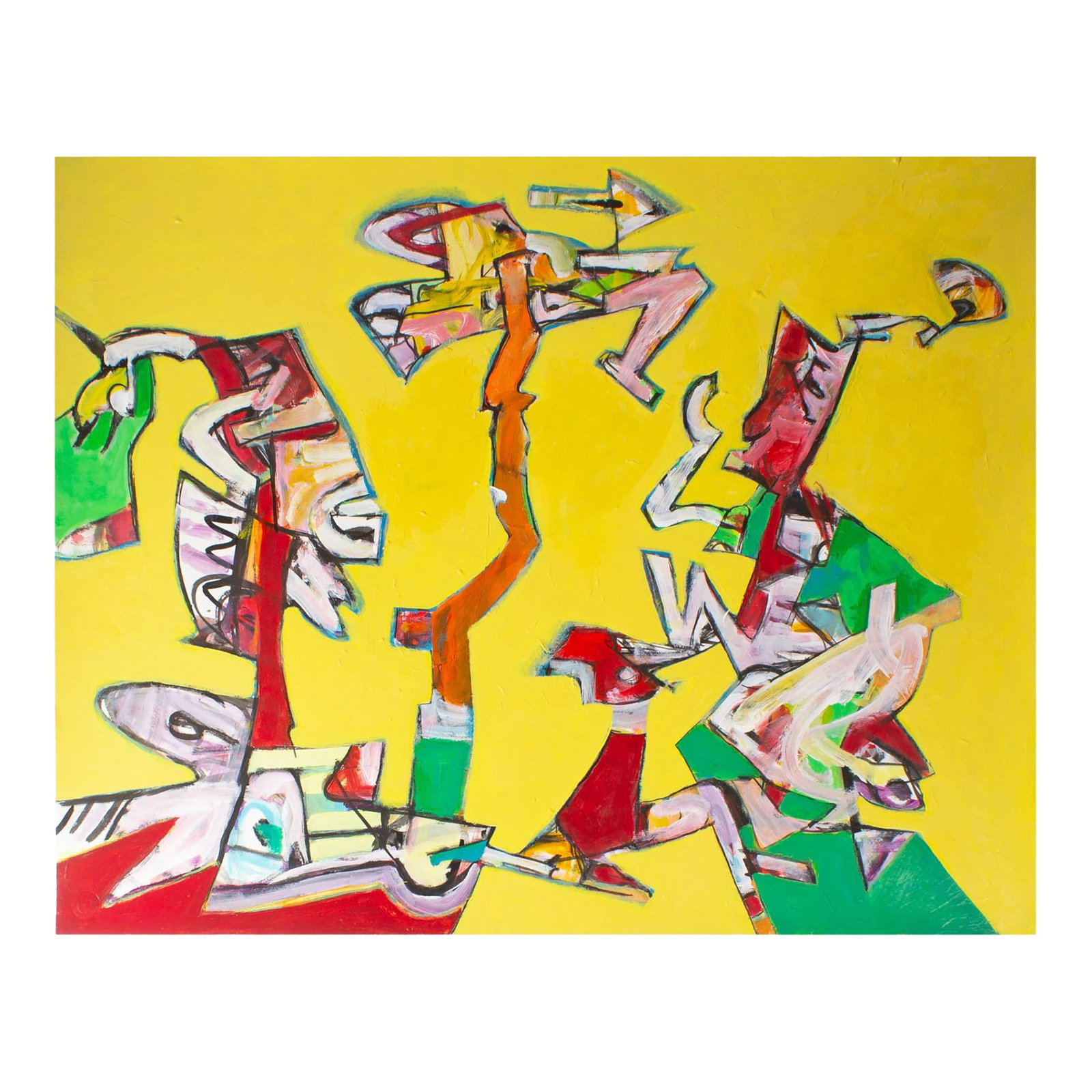 Abstract Acrylic on Paper Painting by James L. Bruch: An acrylic on paper painting by the American artist James L. Bruch (1942-2023). This vibrant work has a bright yellow background punctuated by red, green, orange, black, and white organic shapes.