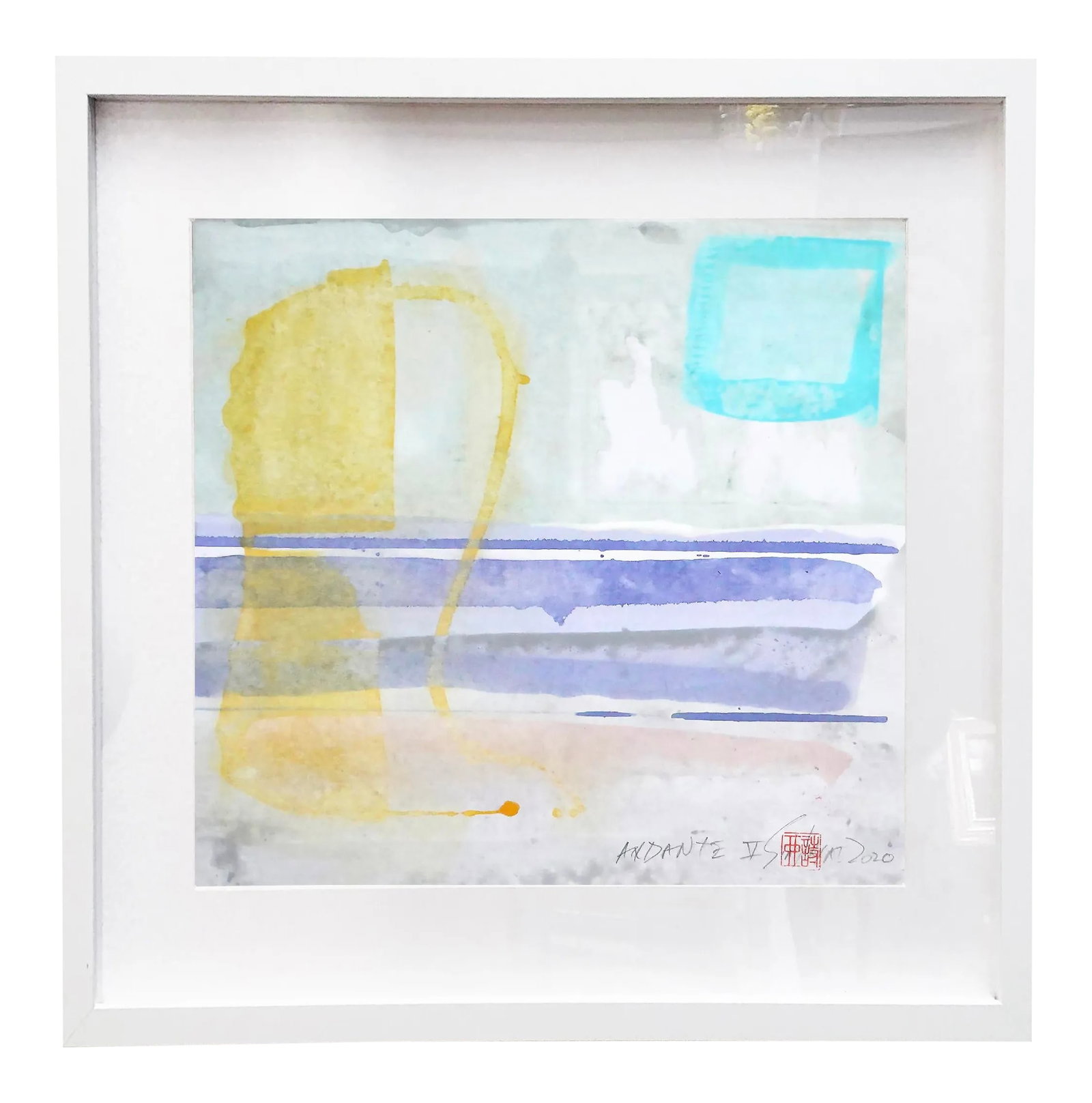 Andante. V Framed Original Abstract Painting: Andante. V Ready to Hang framed Original Abstract Painting Yellow stands for playful and optimistic. Shades of bold energetic yellow race across the palest white and beige background. This lively