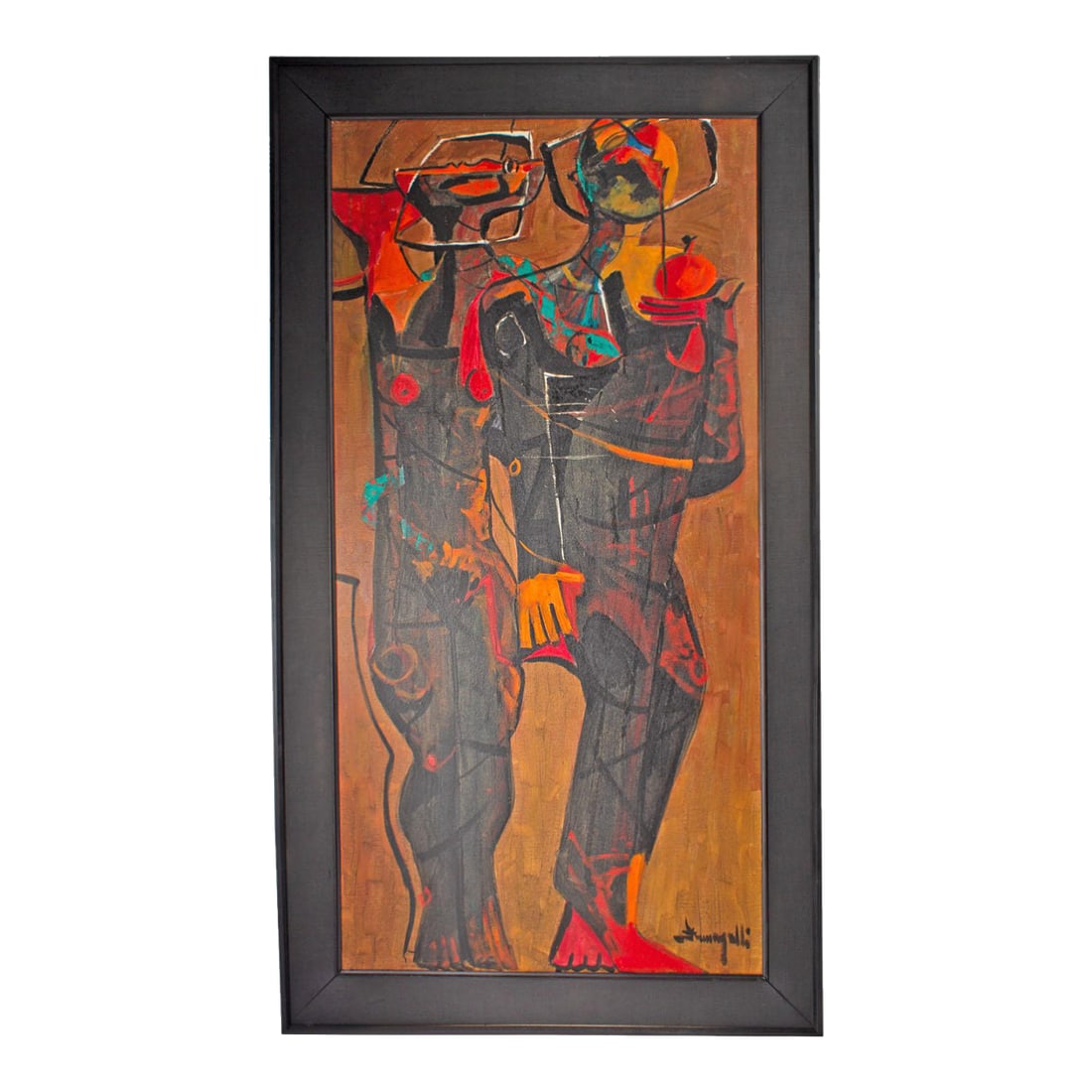 Abstract Oil on Canvas Painting of Adam and Eve by Luigi Fumagalli: An oil on canvas painting of the biblical characters Adam and Eve by the Italian artist Luigi Fumagalli (born 1937). The abstract work depicts Adam and Eve in vibrant shades of red, orange, blue,
