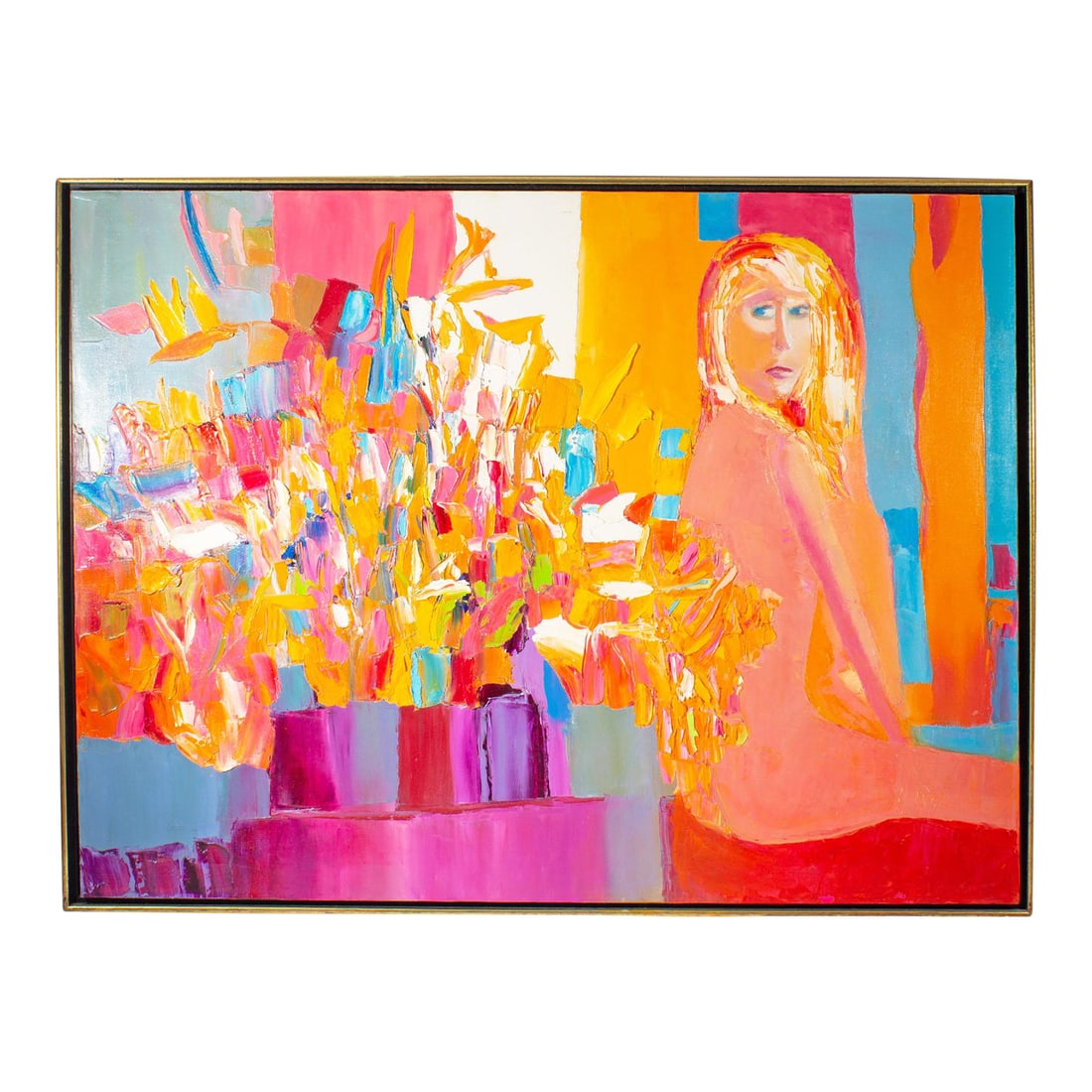 Oil on Canvas Painting by Sidney Smiley: An oil on canvas painting by the Canadian-American artist Sidney Smiley (1912-2002). The painting depicts an abstracted arrangement of flowers which spill over one another in vibrant colors. A nude