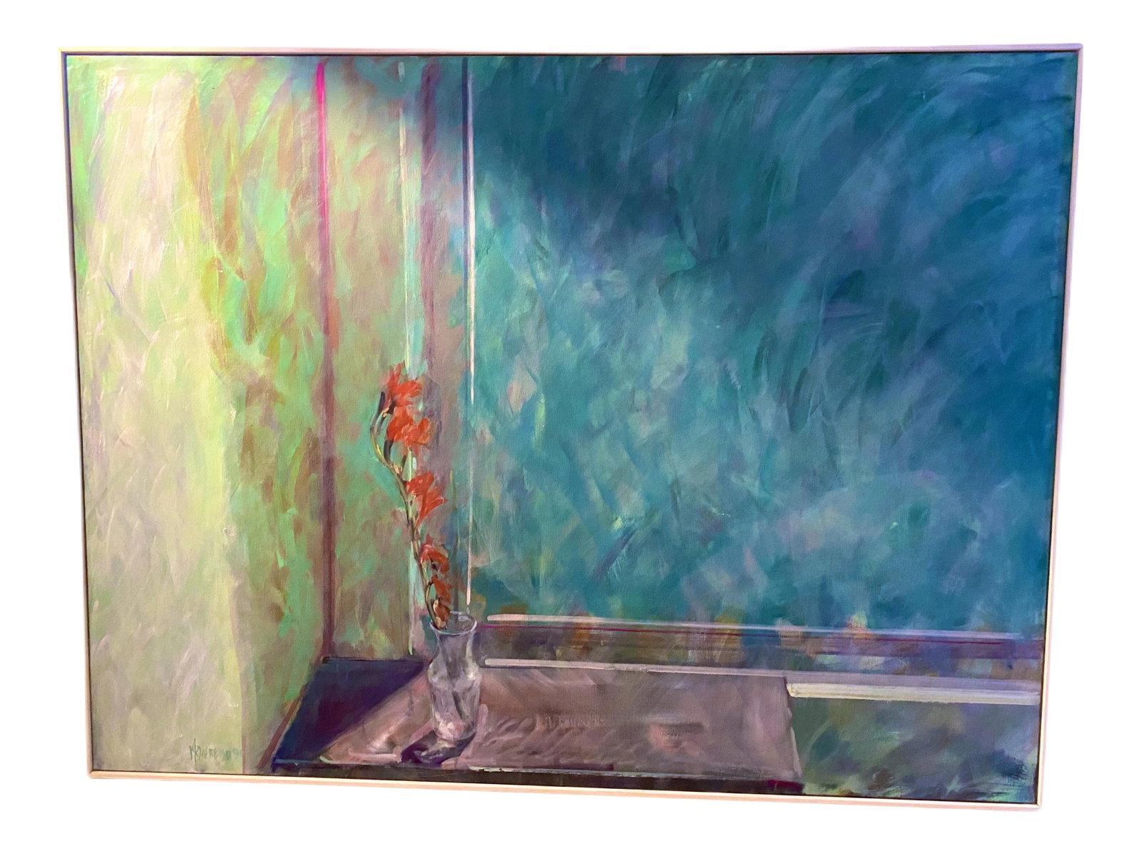Late 20th Century Matt Overend Oil on Canvas.: A stunning still life of a clear vase with red flowers on a window sill. Signed M. Overend 1990 Matt Overend was born in 1950 in Las Vegas, NV. He grew up in Atlanta, Georgia, and studied aerospace en