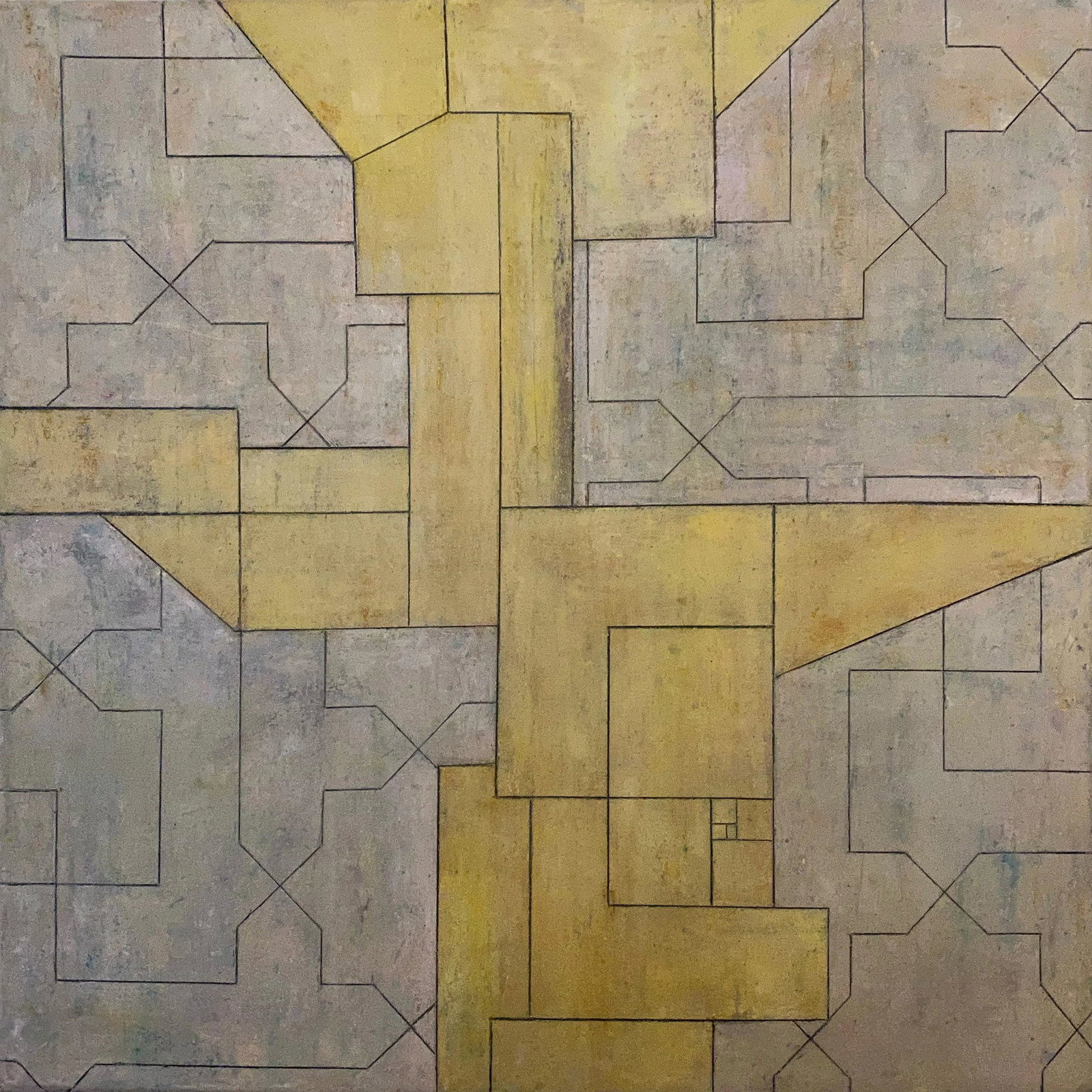 Contemporary Geometric Abstract Square Mixed-Media Painting by Stephen Cimini: Oil paint, cold wax medium and marble dust on 2-inch deep gallery wrapped canvas. The painting continues around the edges and is ready for hanging or placed in a floating frame. From the series ANCIEN