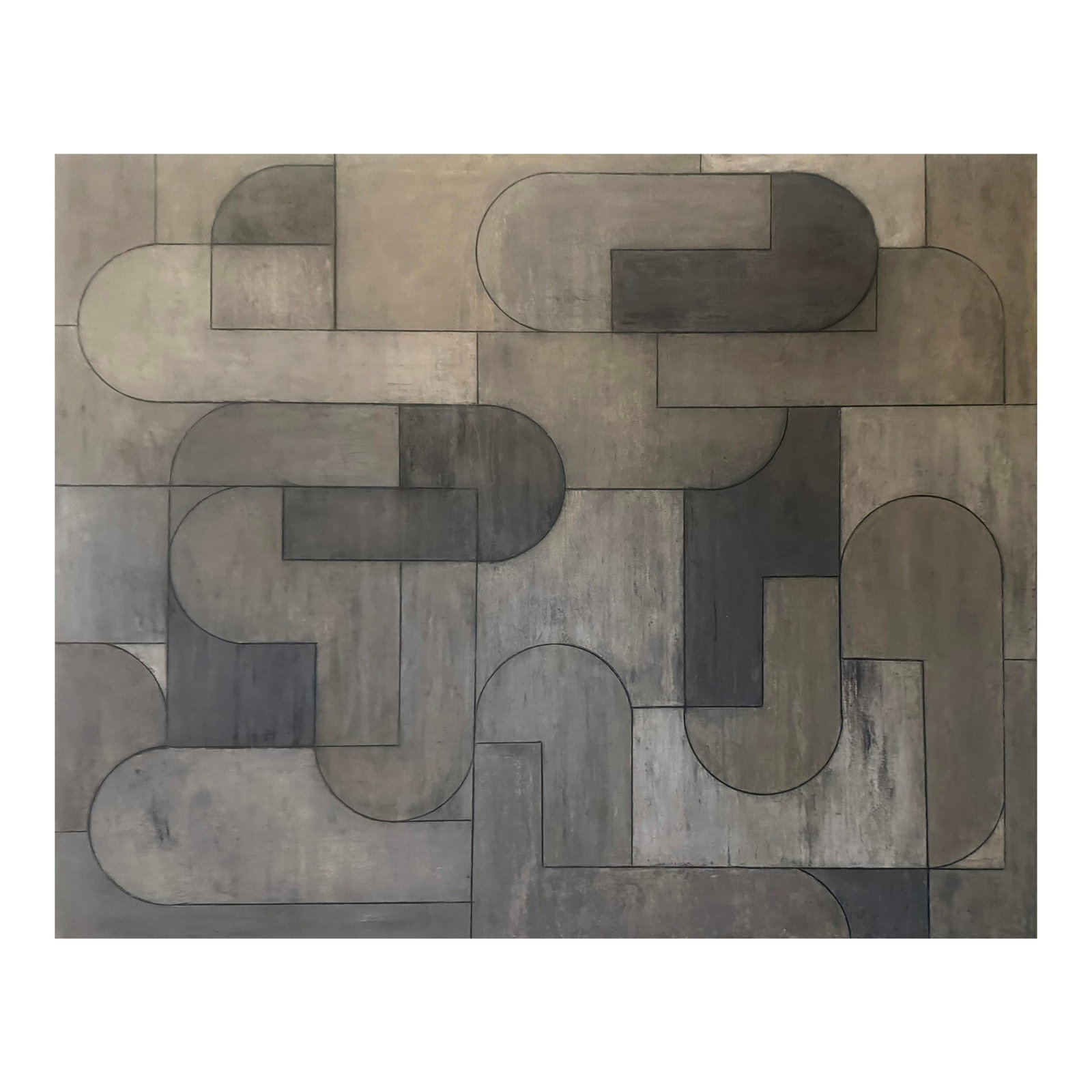 Contemporary Geometric Abstract Oil and Cold Wax Painting Neutral Tones by Stephen Cimini: Deja Vu is a geometric abstract in oil and cold wax on gallery wrapped canvas. Interlocking rounded modules and hard-edge blocks form a calm, labyrinthine rhythm. A layered monochrome palette-pewter, 