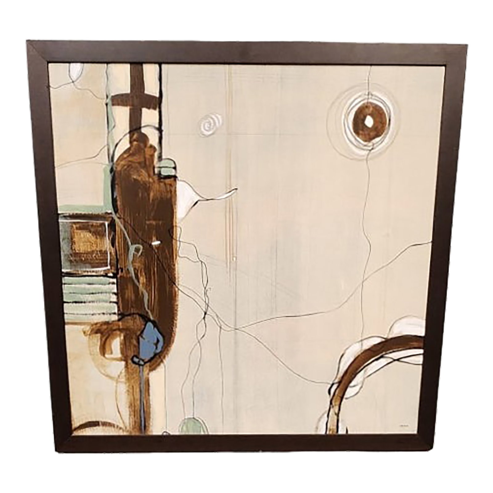 "Reformed Ii" by Robert Charon: Abstract framed painting titled "Reformed II" by Robert Charon. Acrylic on canvas stretched and framed in a dark brown sleek frame with wire so it is ready to hang. Condition: Imperfections: Some