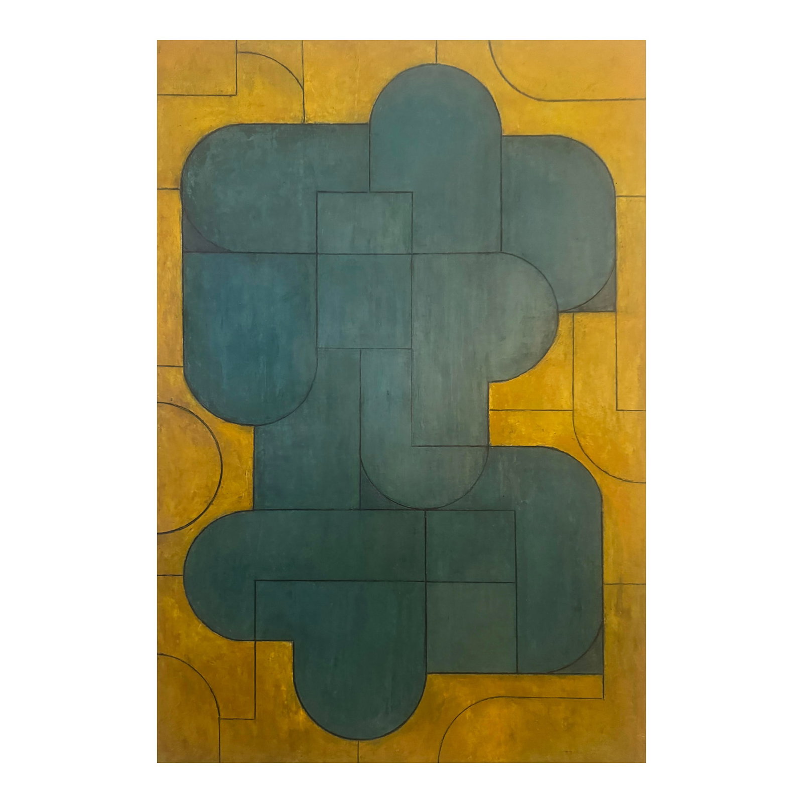 Contemporary Geometric Abstract Oil and Cold Wax Painting Teal/Blue-Green Ochre-Gold by Stephen Cimi: Floating Two is a geometric abstract in oil and cold wax on on gallery wrapped canvas. Interlocking, rounded modules in deep teal/blue-green "float" over a warm ochre-gold ground, disciplined by