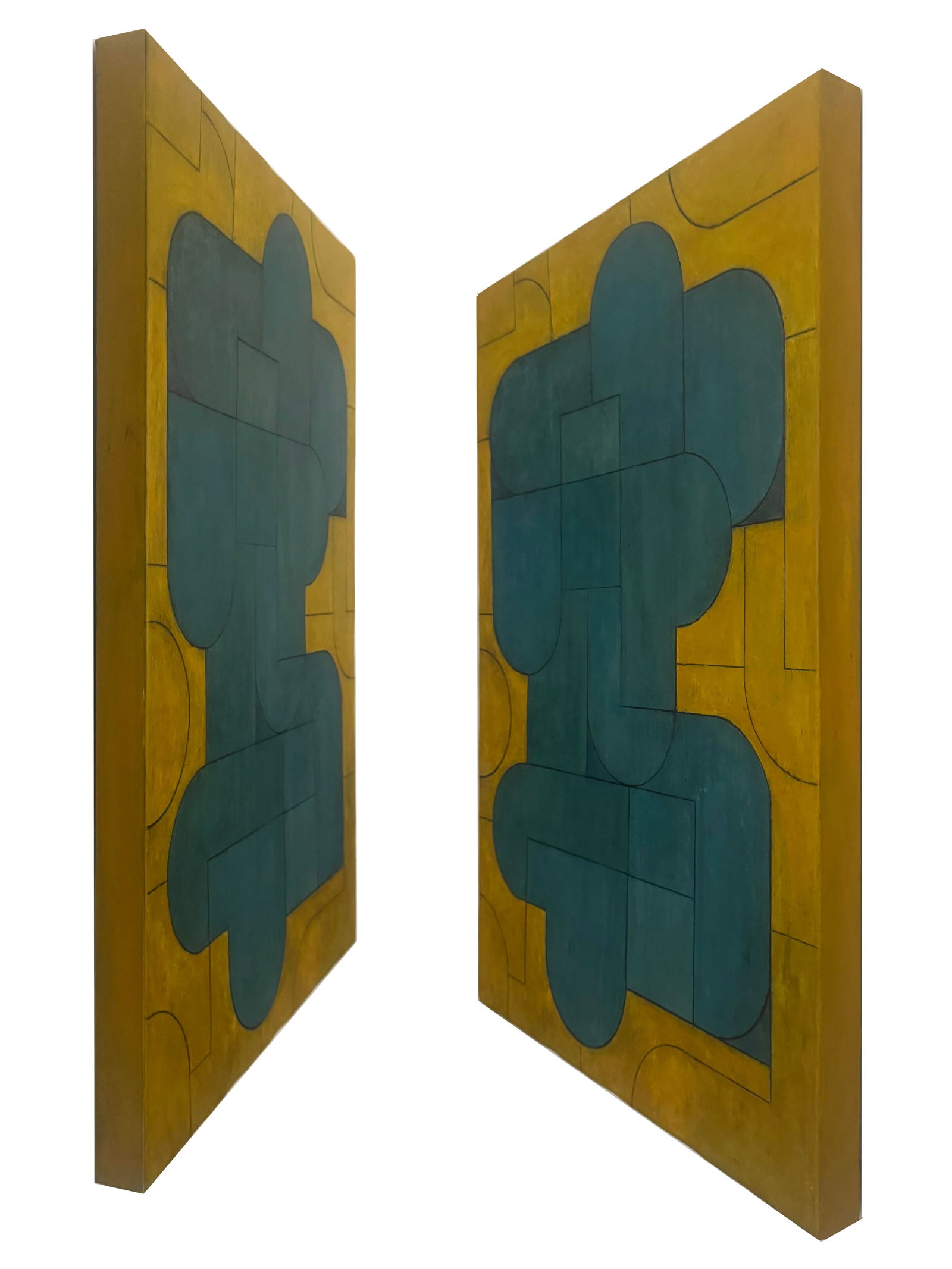 Contemporary Geometric Abstract Oil and Cold Wax Painting Teal/Blue-Green Ochre-Gold by Stephen Cimi - 2