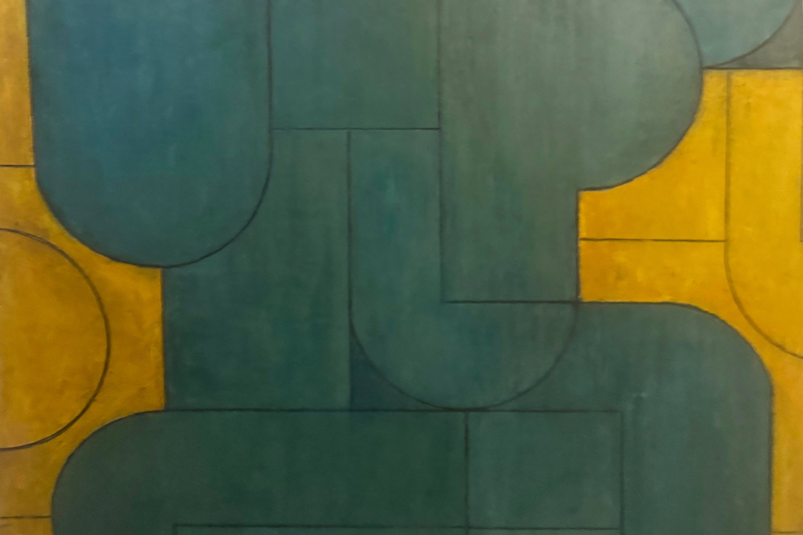 Contemporary Geometric Abstract Oil and Cold Wax Painting Teal/Blue-Green Ochre-Gold by Stephen Cimi - 3