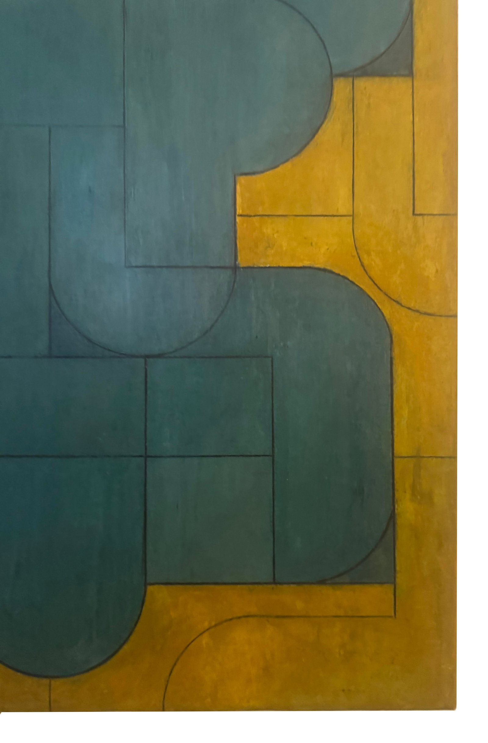 Contemporary Geometric Abstract Oil and Cold Wax Painting Teal/Blue-Green Ochre-Gold by Stephen Cimi - 4