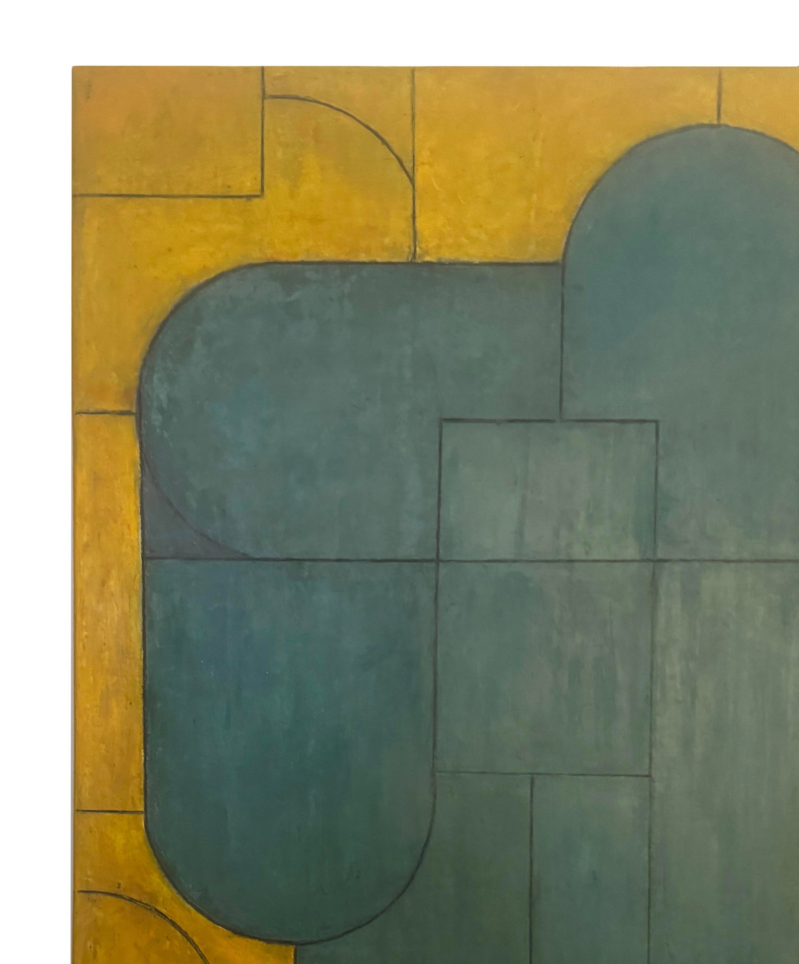 Contemporary Geometric Abstract Oil and Cold Wax Painting Teal/Blue-Green Ochre-Gold by Stephen Cimi - 5