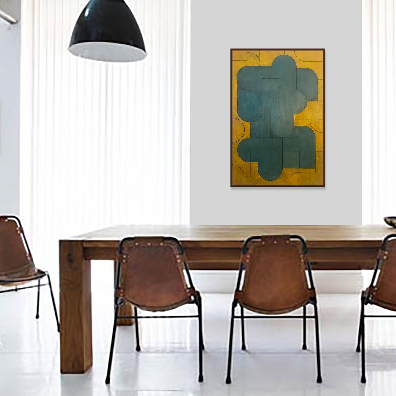 Contemporary Geometric Abstract Oil and Cold Wax Painting Teal/Blue-Green Ochre-Gold by Stephen Cimi - 6