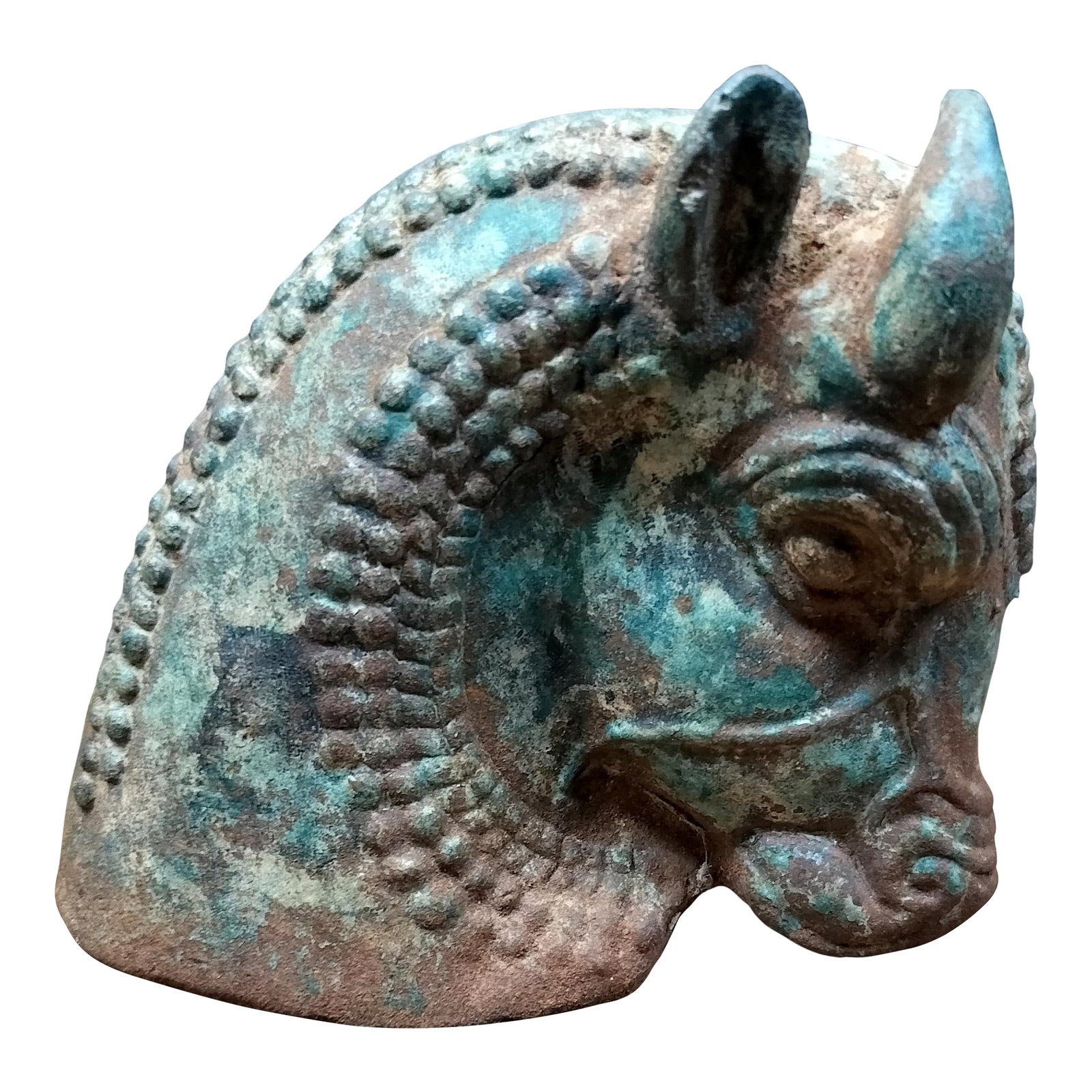 Early 20th Century Stylized Cast Iron Bulls Head: Superbly cast, decorative iron bull's head. Has amazing patina with faded green paint. Made around the 1920's-30's and inspired by ancient Assyrian/Babylonian designs. Measures 8" deep x 6.5" high x 5