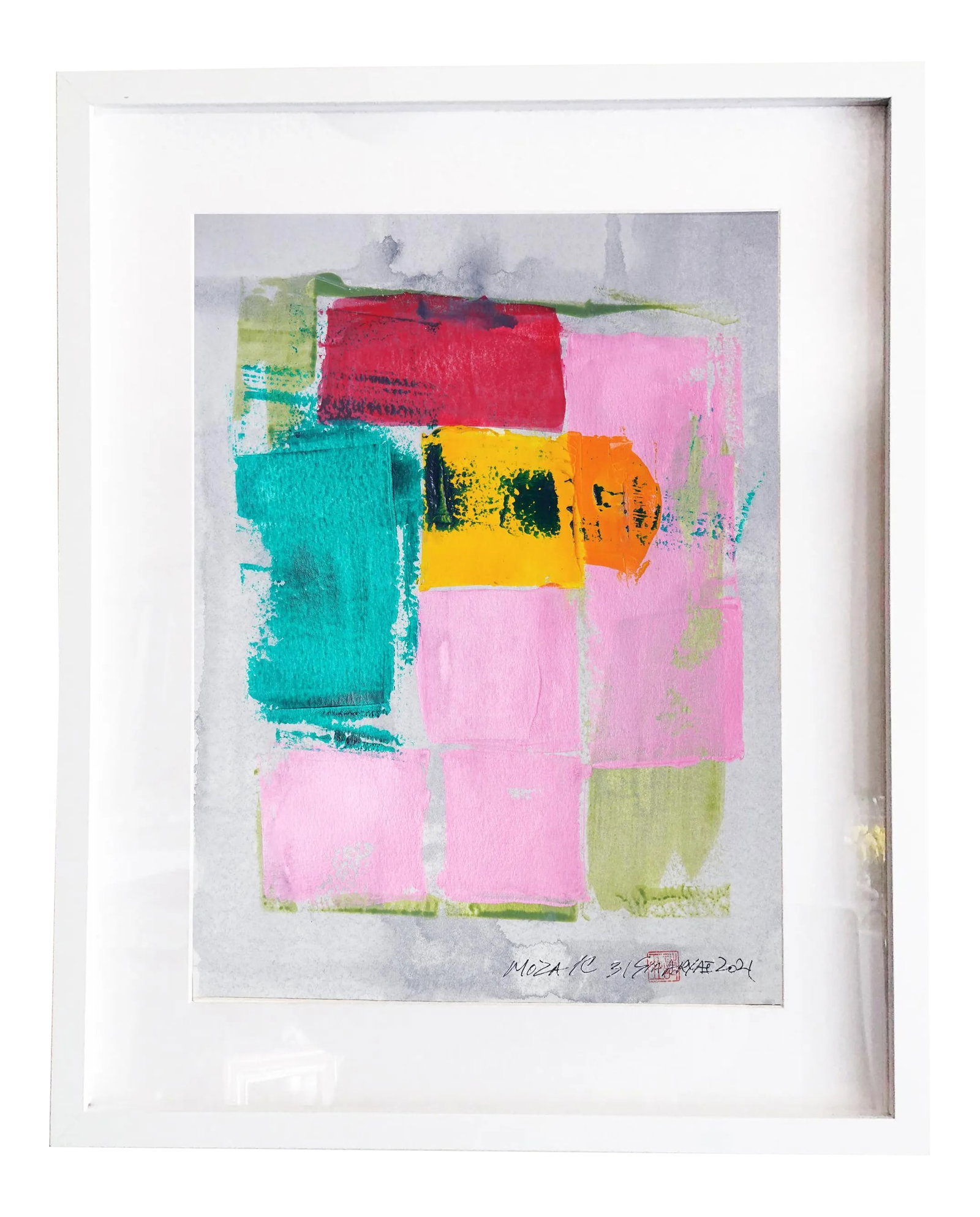 "Mozaic 31" Contemporary Abstract Mixed-Media Painting, Framed: Mozaic # 31 ready to hang framed one of a kind painting This lively original painting brings a pop of life to any room. Painting is 10.5X13.5" comes custom-framed in a 17X21X1.2" white shadow box Sign