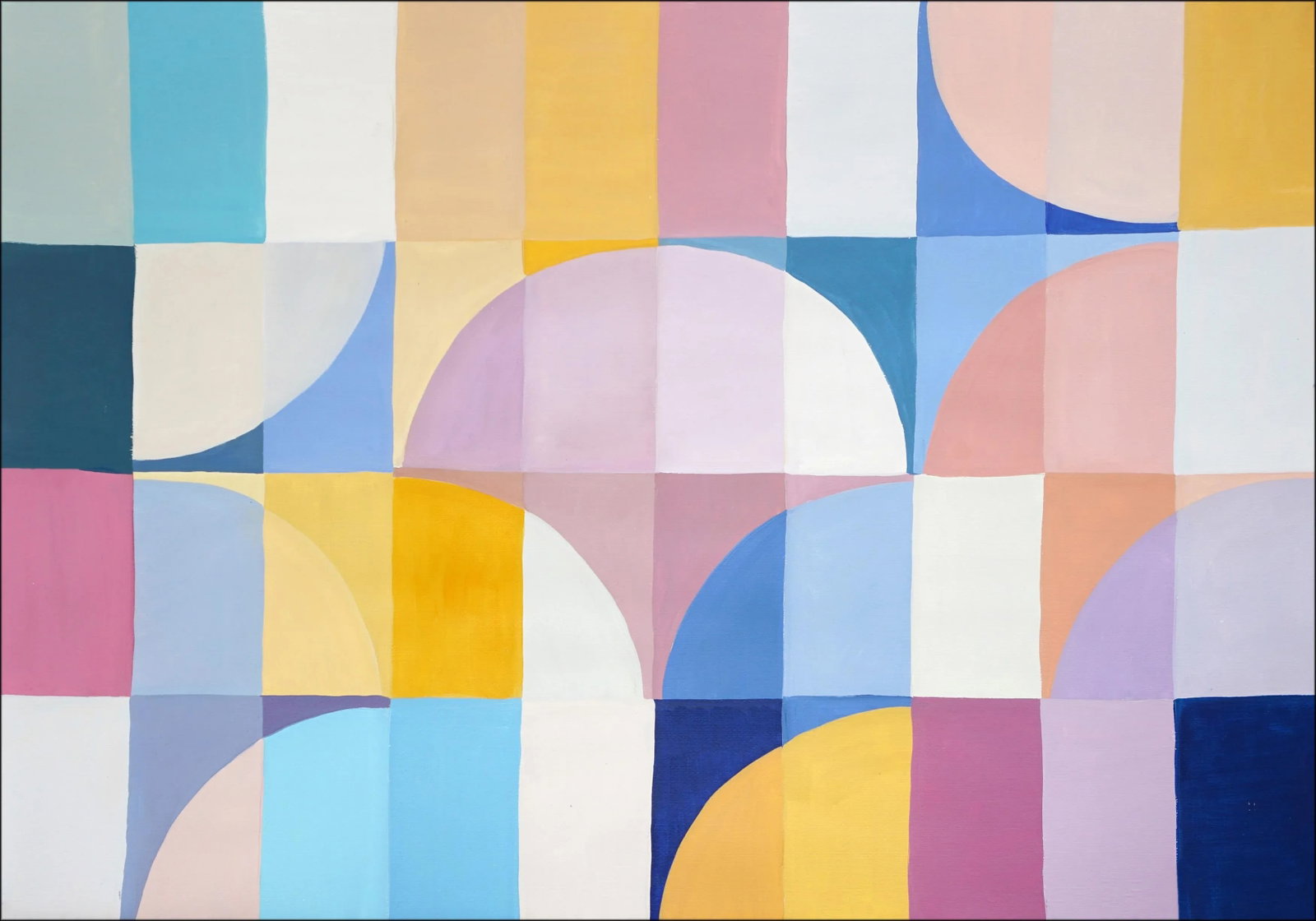 2025, Modern Bauhaus Patterns in Soft Tones. Mauve Tulip, Acrylic Paint on Watercolor Paper by Natal: This series of abstract geometric paintings by Natalia Roman draws its inspiration from the sleek grids and curves of Bauhaus architecture. Mauve Tulip is a study in rhythm, geometry, and light, where