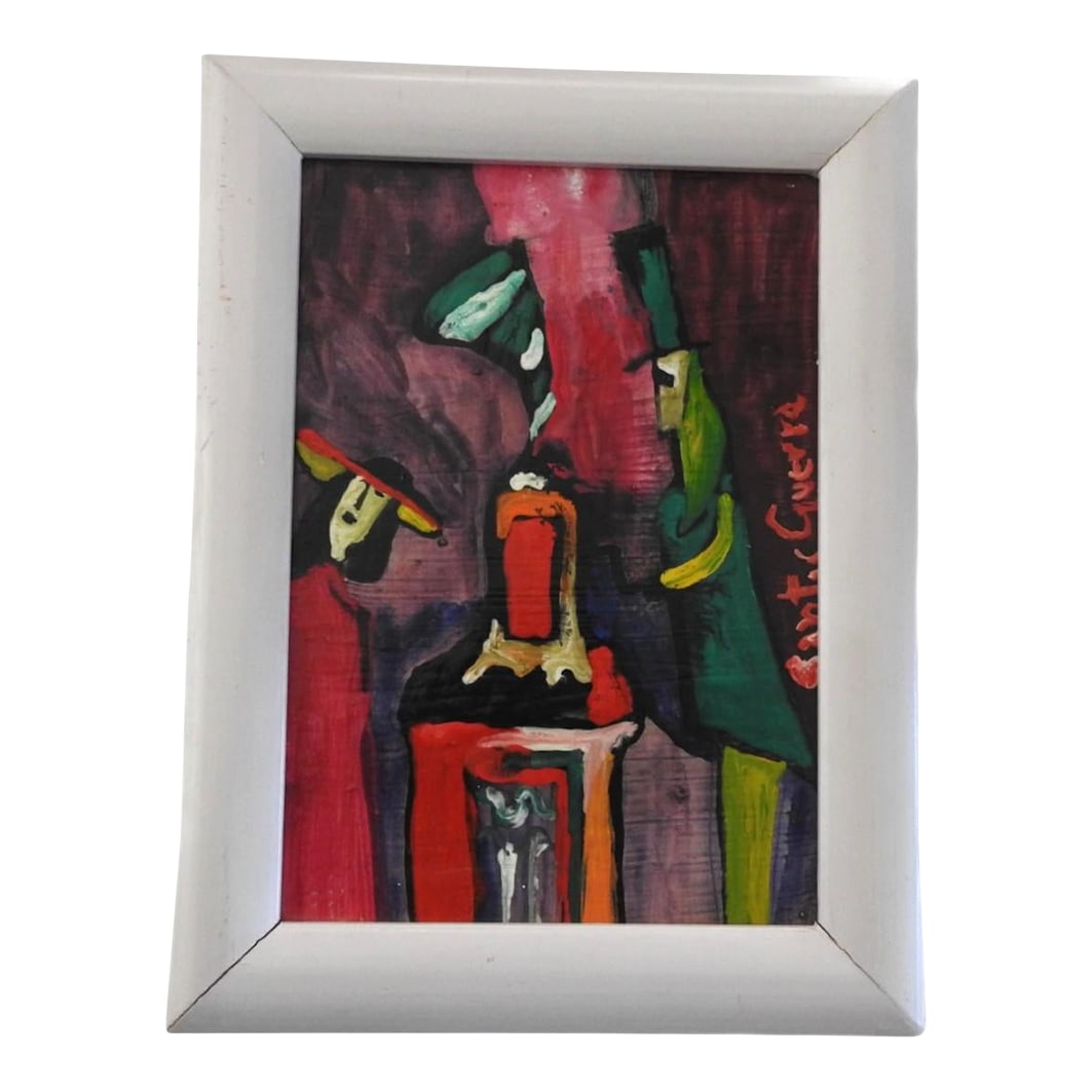 Small Acrylic on Board Colorful Painting of Woman and Man by Jose Santos Guerra Chile: A small framed painting of a famous Chilean artist, Jose Santos Guerra (1938-2016). Colorful acrylic on board depicting a woman and a man at the table. Naif motives. Signed on the front. The art is 14
