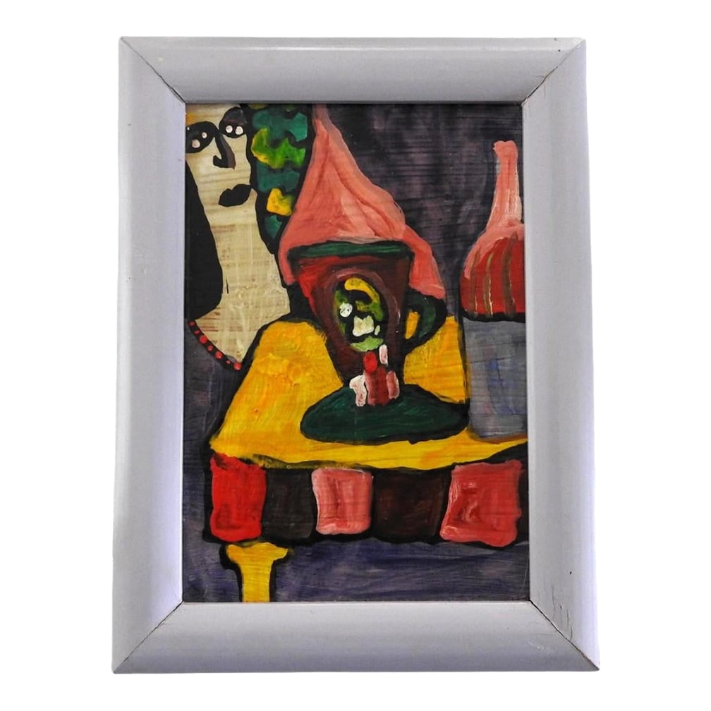 Small Acrylic on Board Colorful Painting of Woman at the Table by Jose Santos Guerra Chile: A small framed painting of a famous Chilean artist, Jose Santos Guerra (1938-2016). Colorful acrylic on board depicting a woman at the table. Naif motives. Signed and dated on the back. The art is 14 