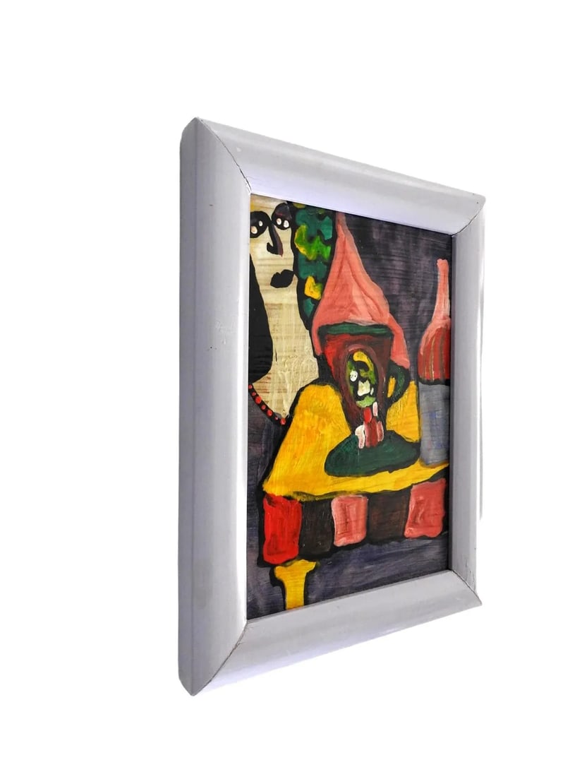 Small Acrylic on Board Colorful Painting of Woman at the Table by Jose Santos Guerra Chile - 2