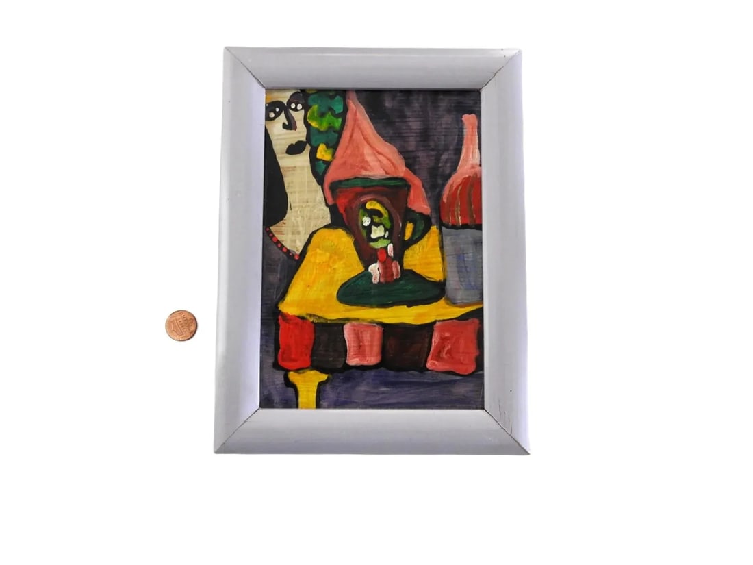 Small Acrylic on Board Colorful Painting of Woman at the Table by Jose Santos Guerra Chile - 5