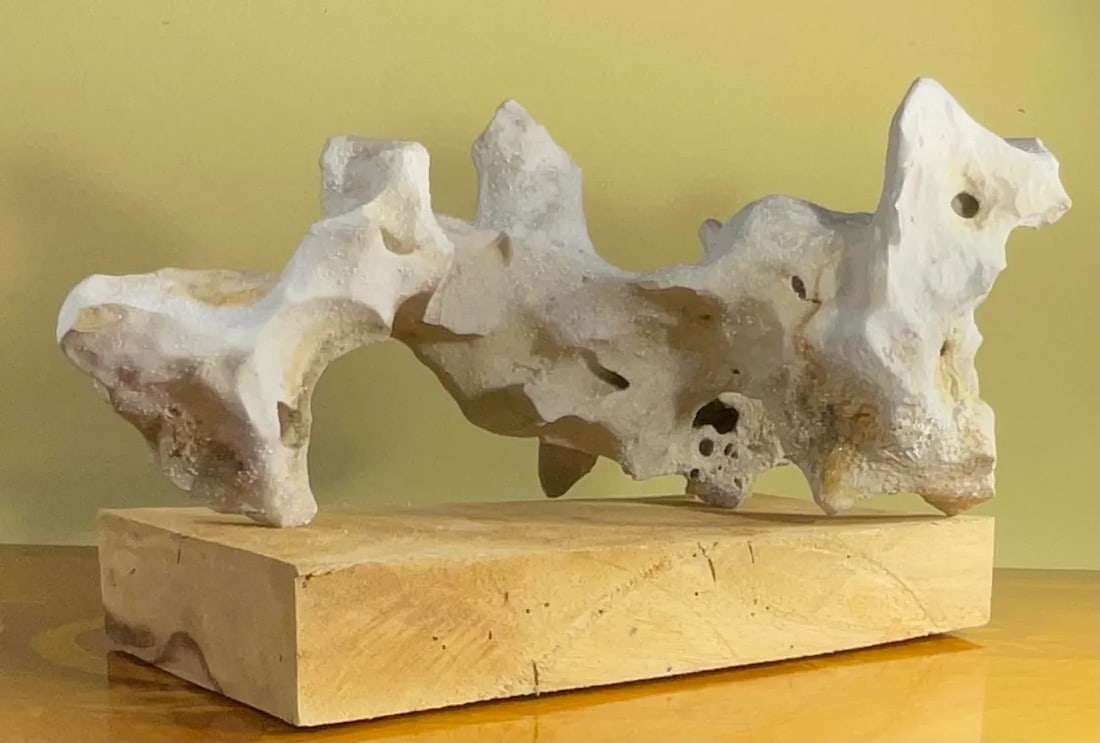 Artful Natural Stone Sculpture on Mango Wood Base - Unique Organic Modern Decor - 12