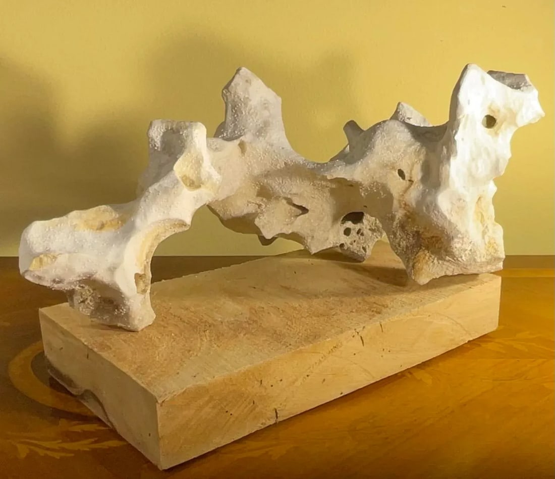 Artful Natural Stone Sculpture on Mango Wood Base - Unique Organic Modern Decor - 14