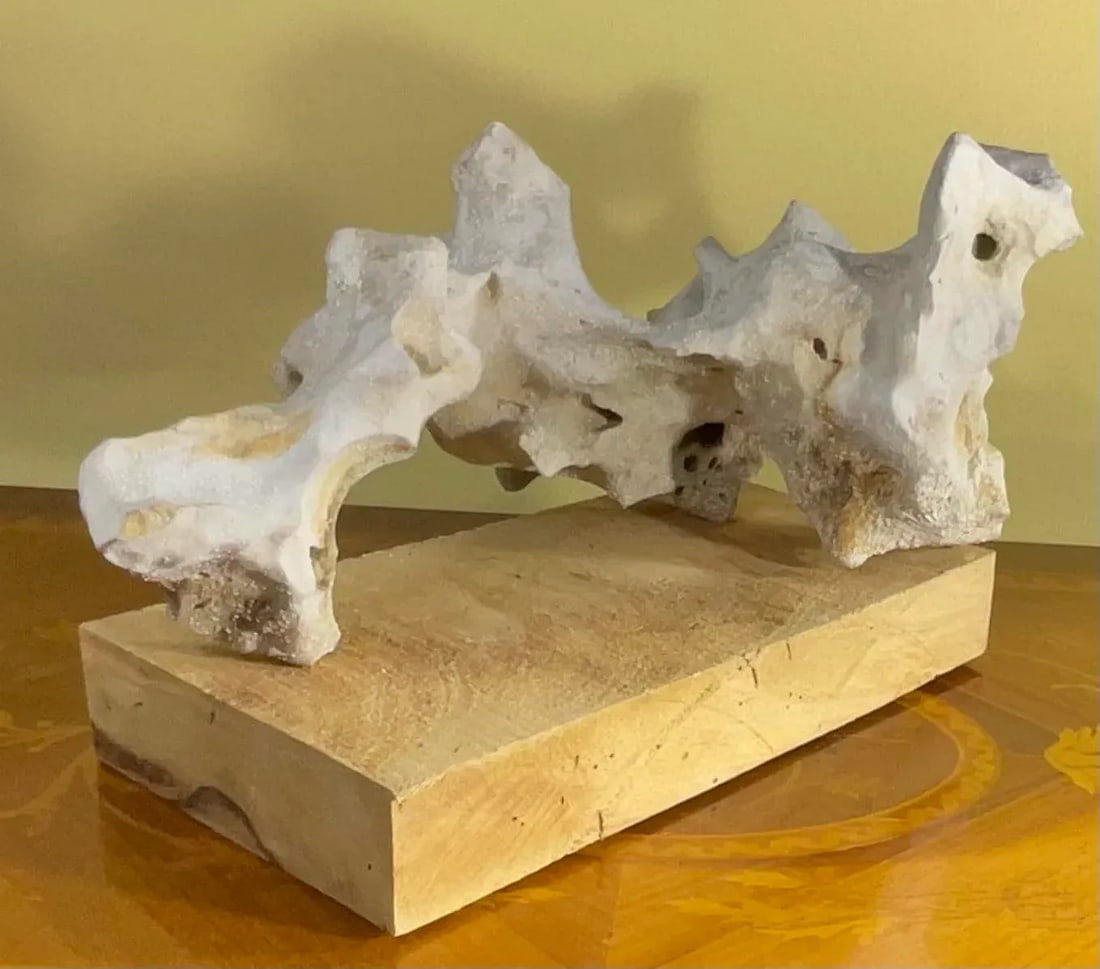 Artful Natural Stone Sculpture on Mango Wood Base - Unique Organic Modern Decor - 3