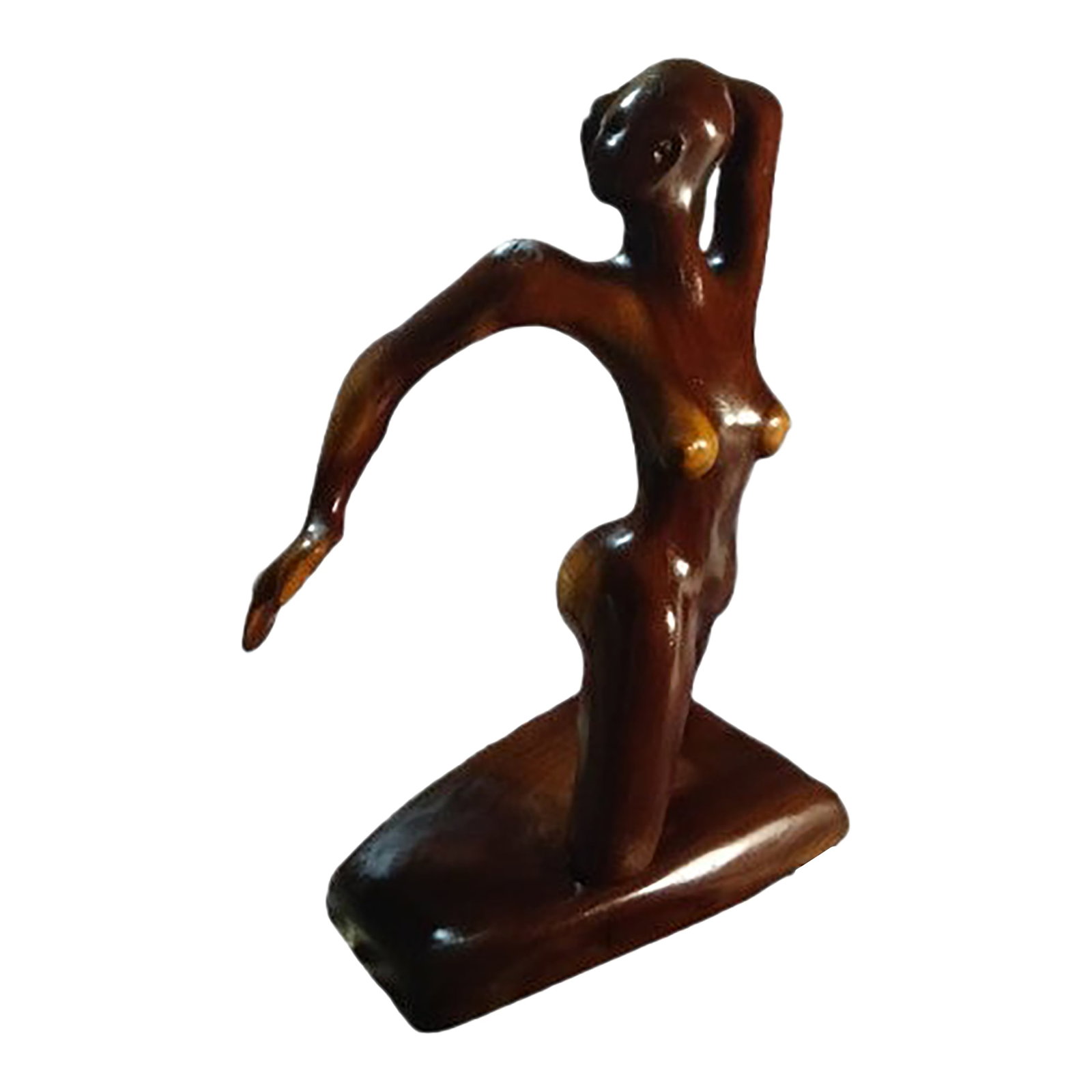 1970s Nude Sign Abstract Large Wooden Statue: This large wooden statue features a nude sign abstract design, typical of the 1970s era. Handmade with carvings, this antique finished piece exudes a unique abstract art style. Measuring 11 inches in