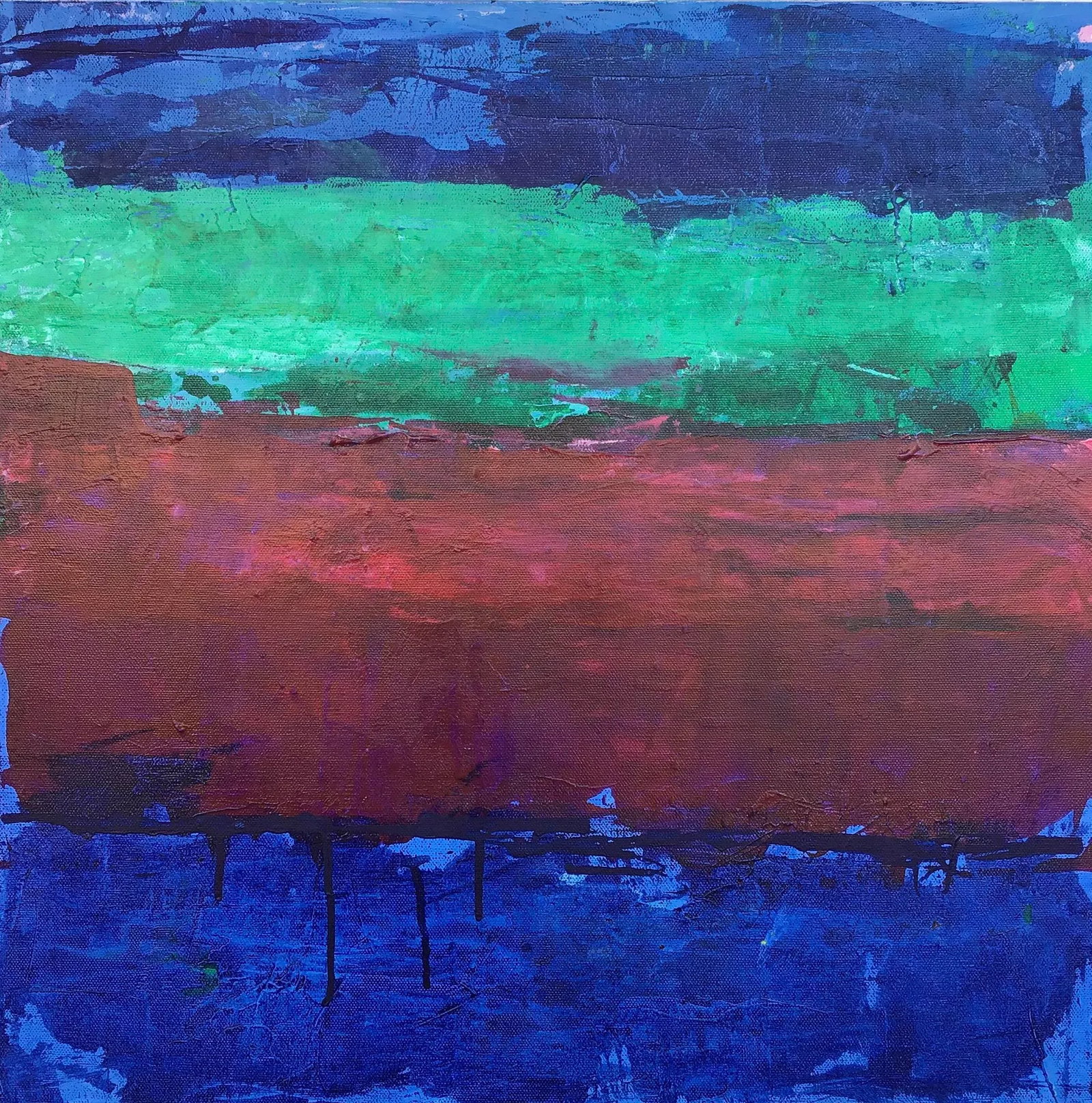 "Blue, Red and Green Composition" Contemporary Abstract Acrylic Painting: Acrylic on 20" by 20". Stretched Canvas. Artist signed on the back side with S. Stilgenbauer (CA Artist Stephen Stilgenbauer). Painted around the canvas sides Condition: Imperfections: No